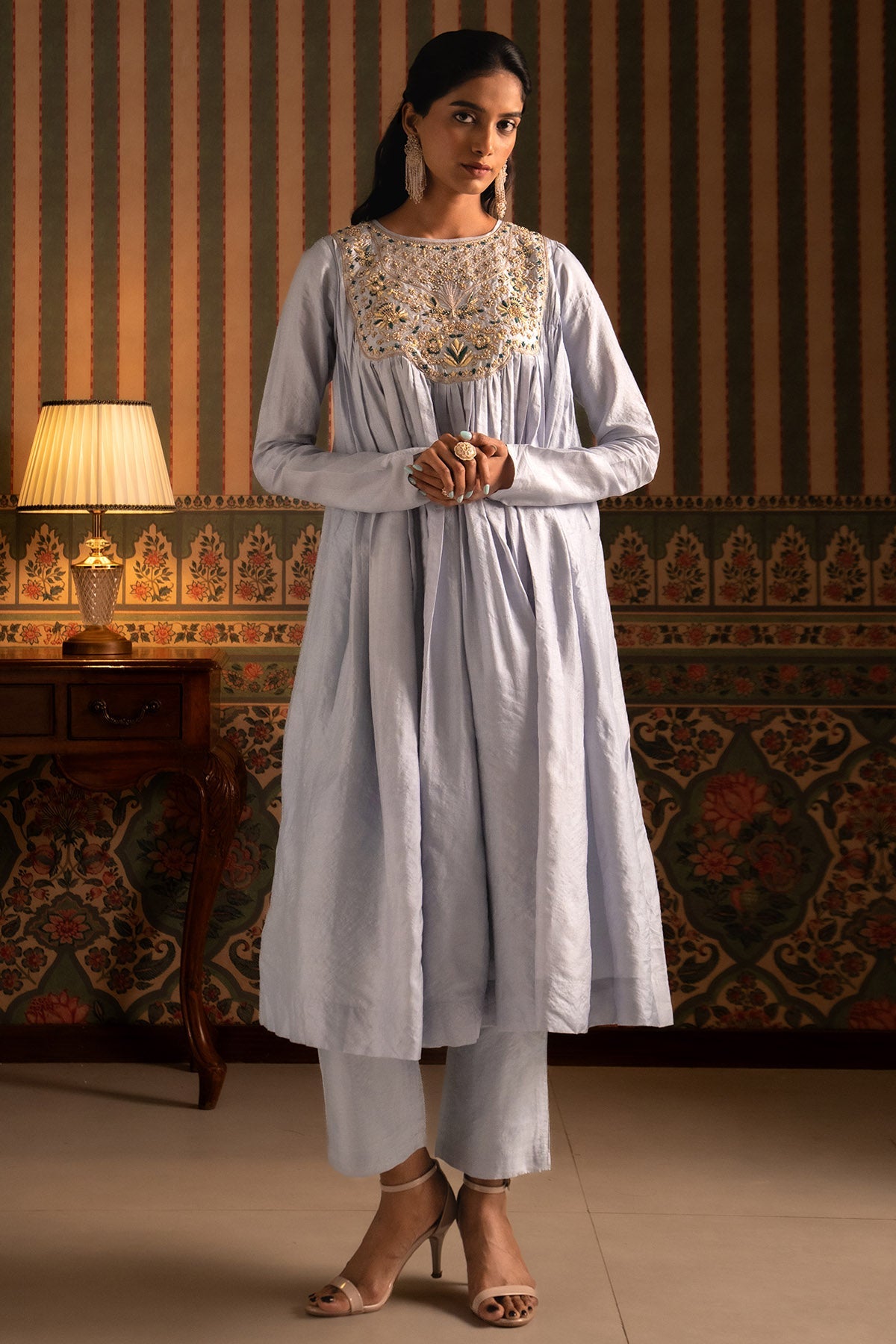 Buy Blue & Yellow Silk Anarkali Set for women by Aavya online available at scrollnshops