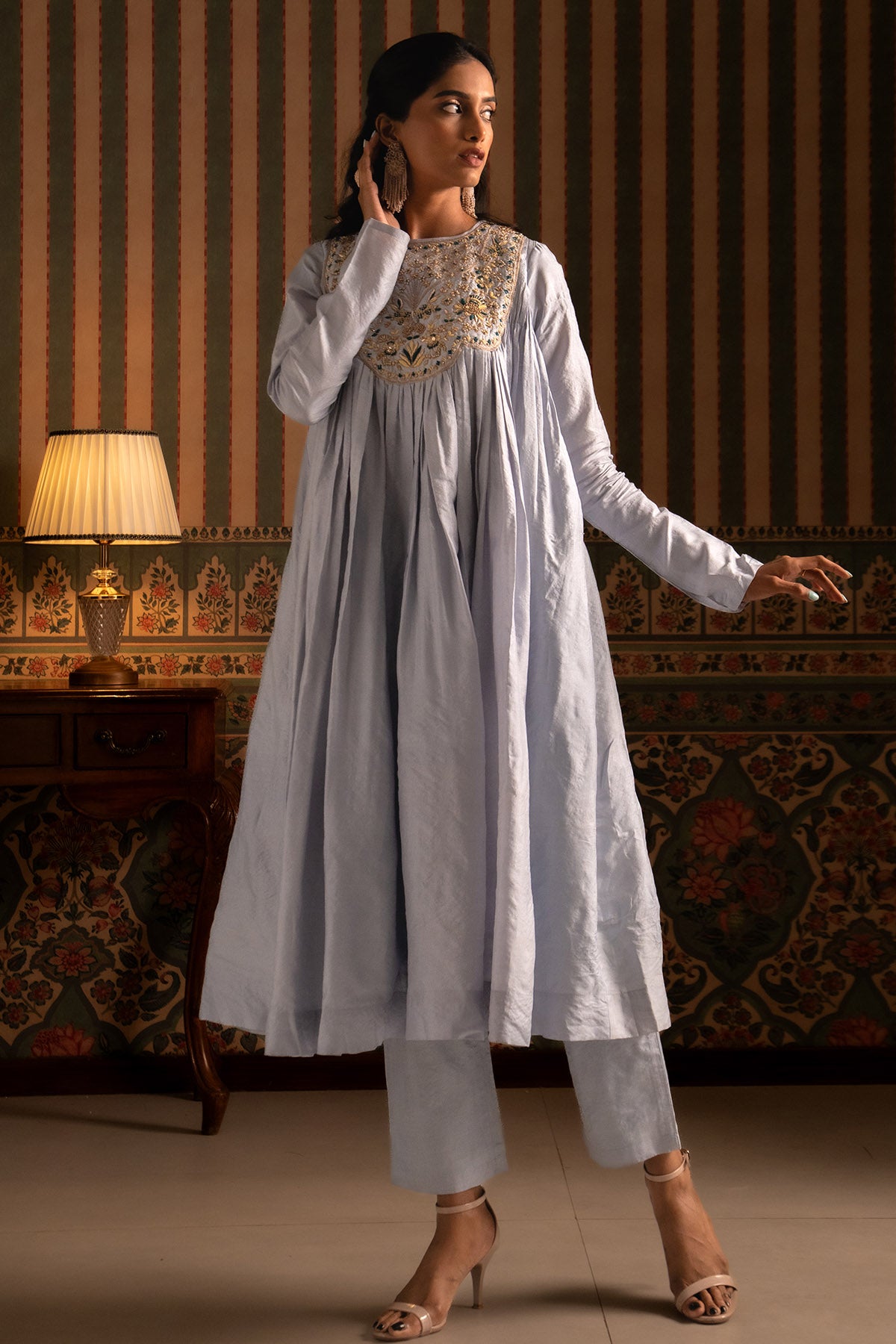 Blue & Yellow Silk Anarkali Set