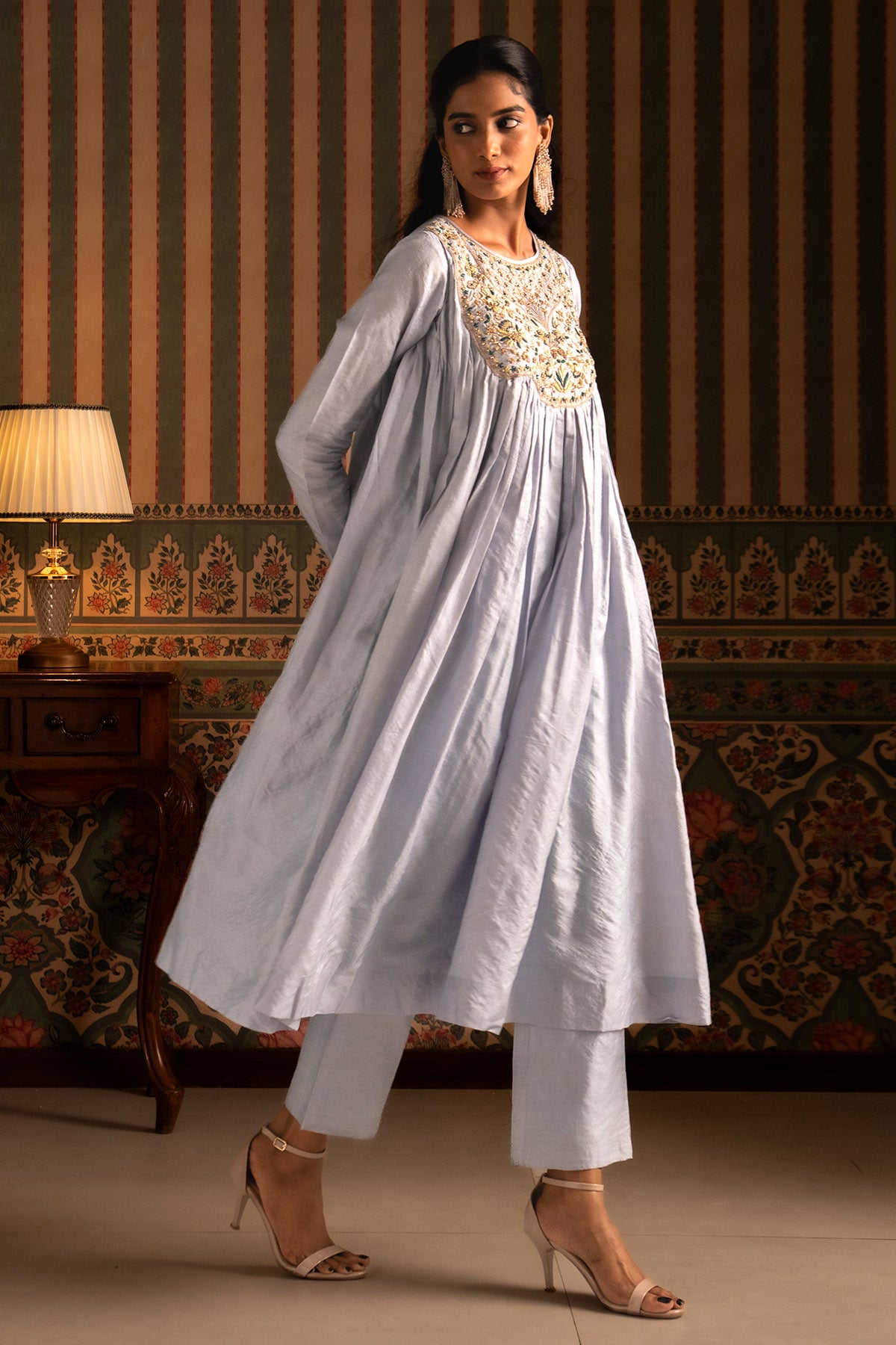 Blue & Yellow Silk Anarkali Set