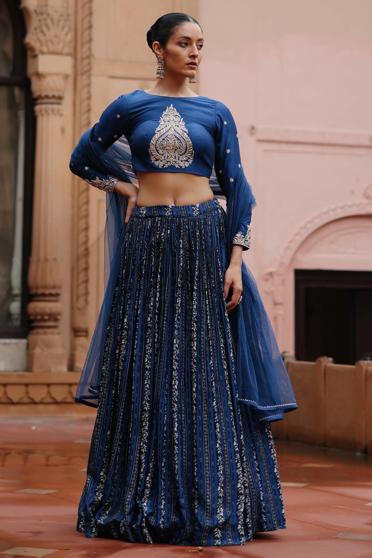 Megha Pitti Blue Zardosi Print Lehenga Set for women online at ScrollnShops