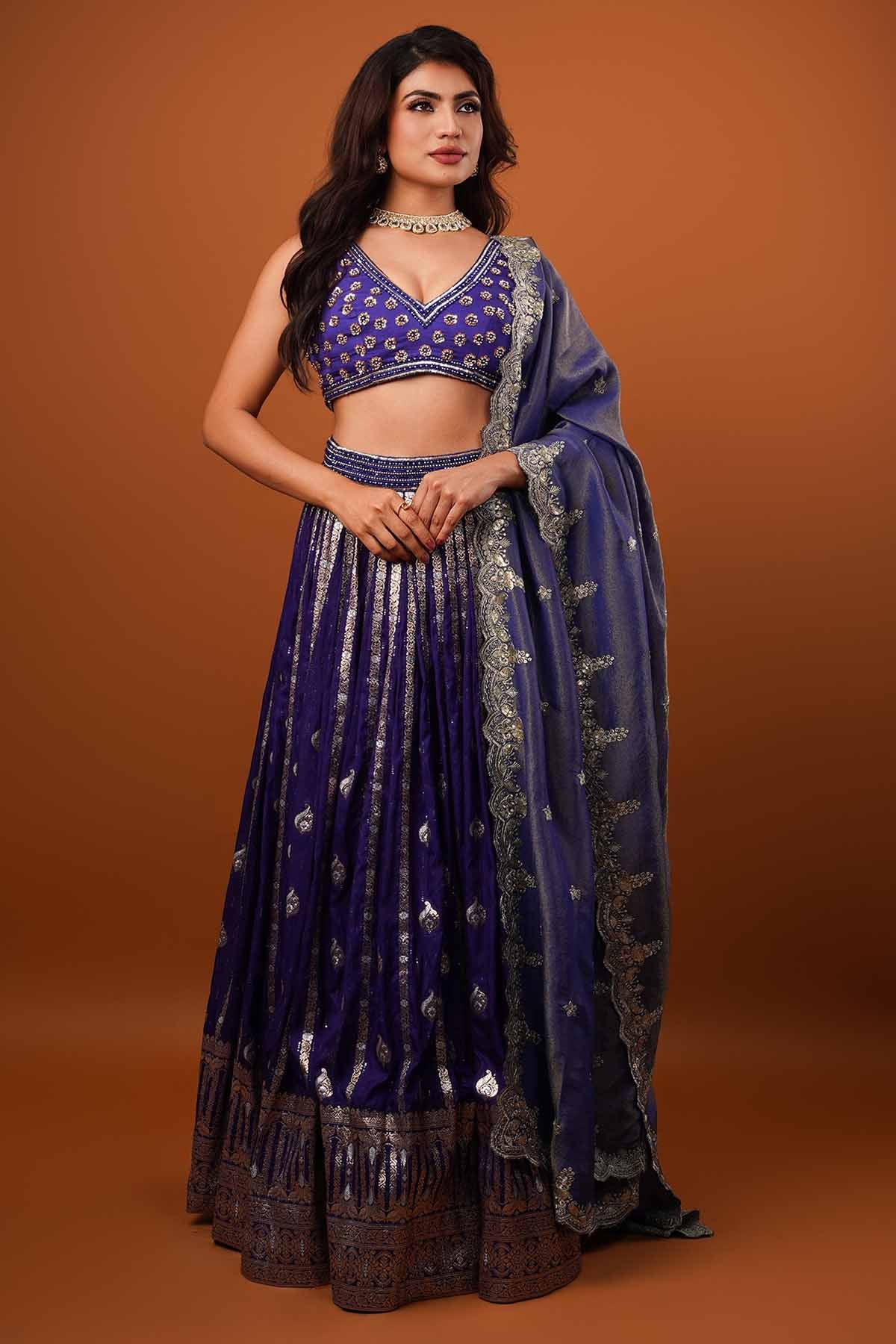 Ajay & Priyanka Zardosi Print Blue Lehenga Set for women online at ScrollnShops