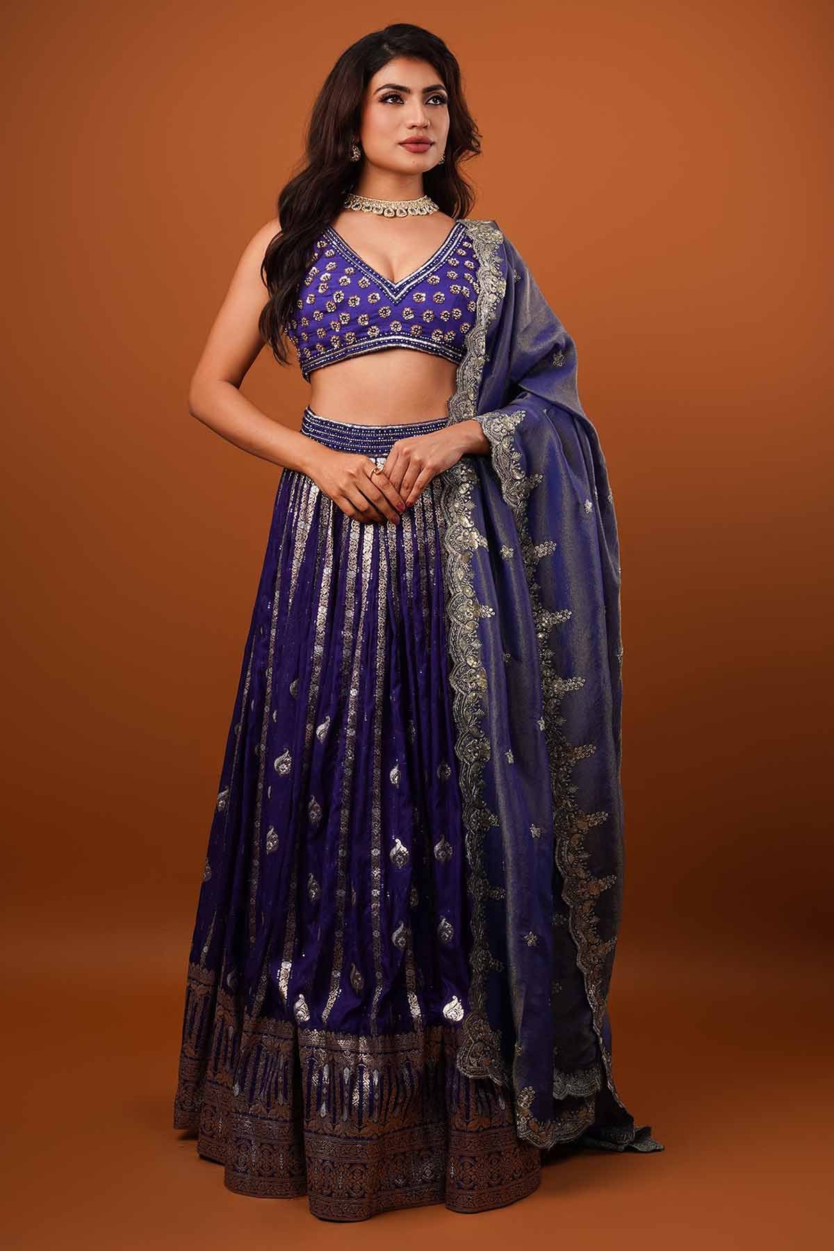Buy Zardosi Print Blue Lehenga Set Online
