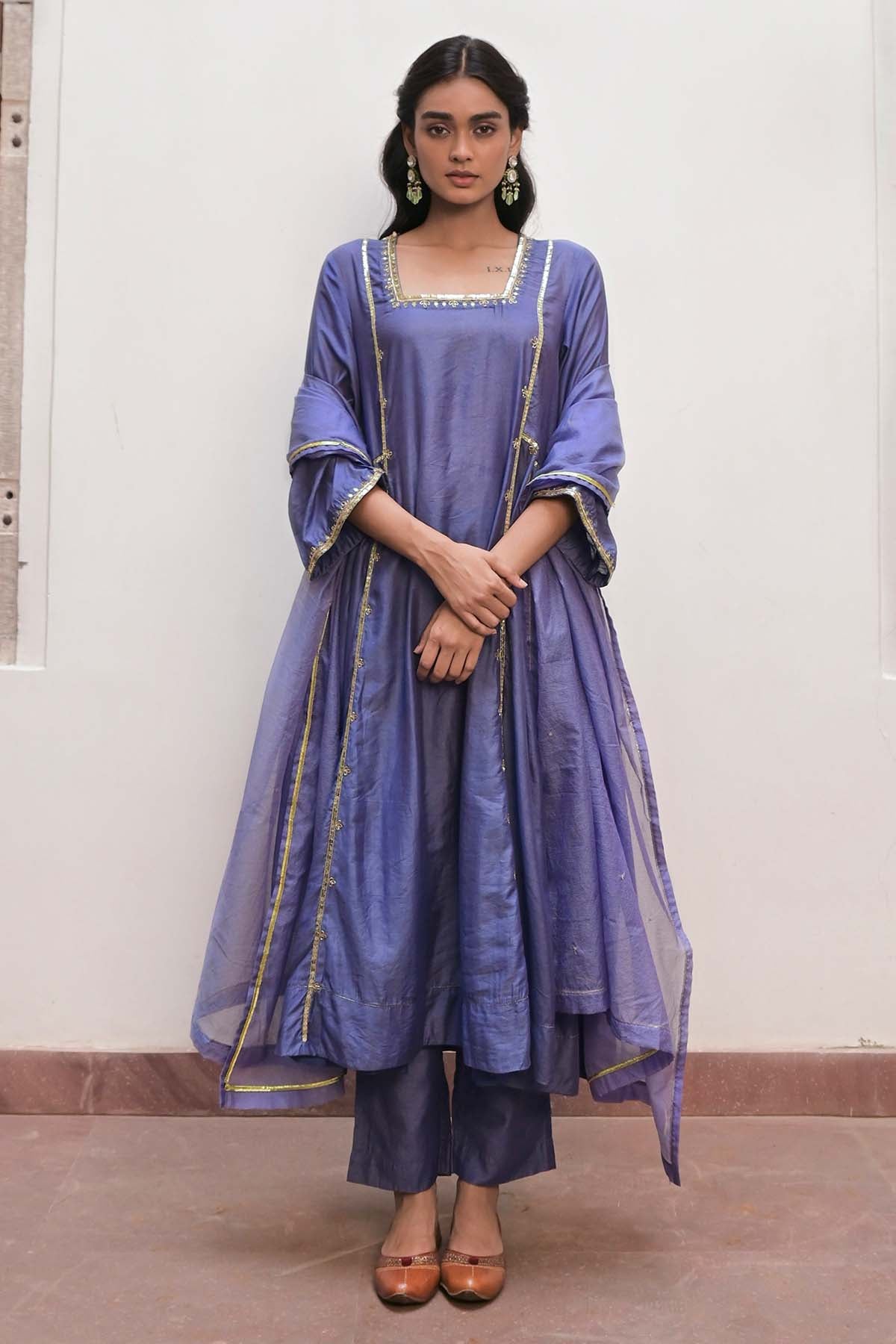 Blue Zari Bell Sleeves Kurta Set