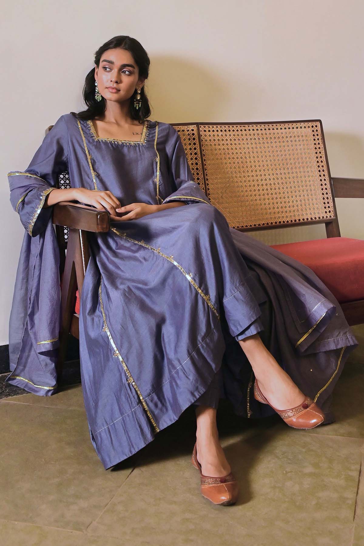 Blue Zari Bell Sleeves Kurta Set