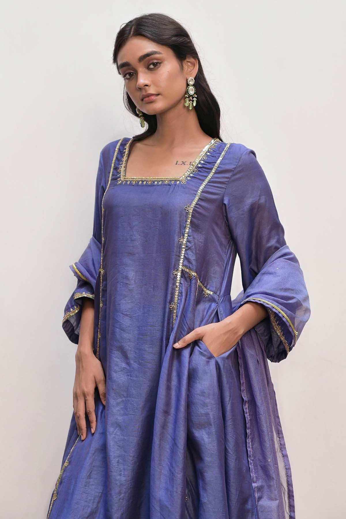 Blue Zari Bell Sleeves Kurta Set