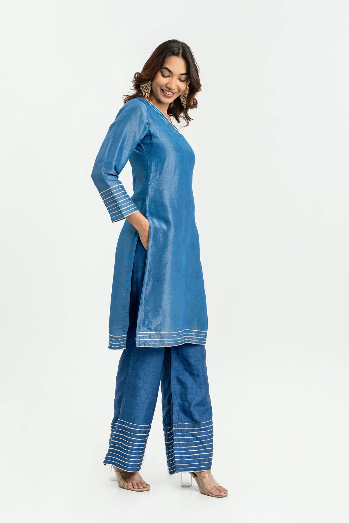 Blue Zari Chanderi Kurta Set