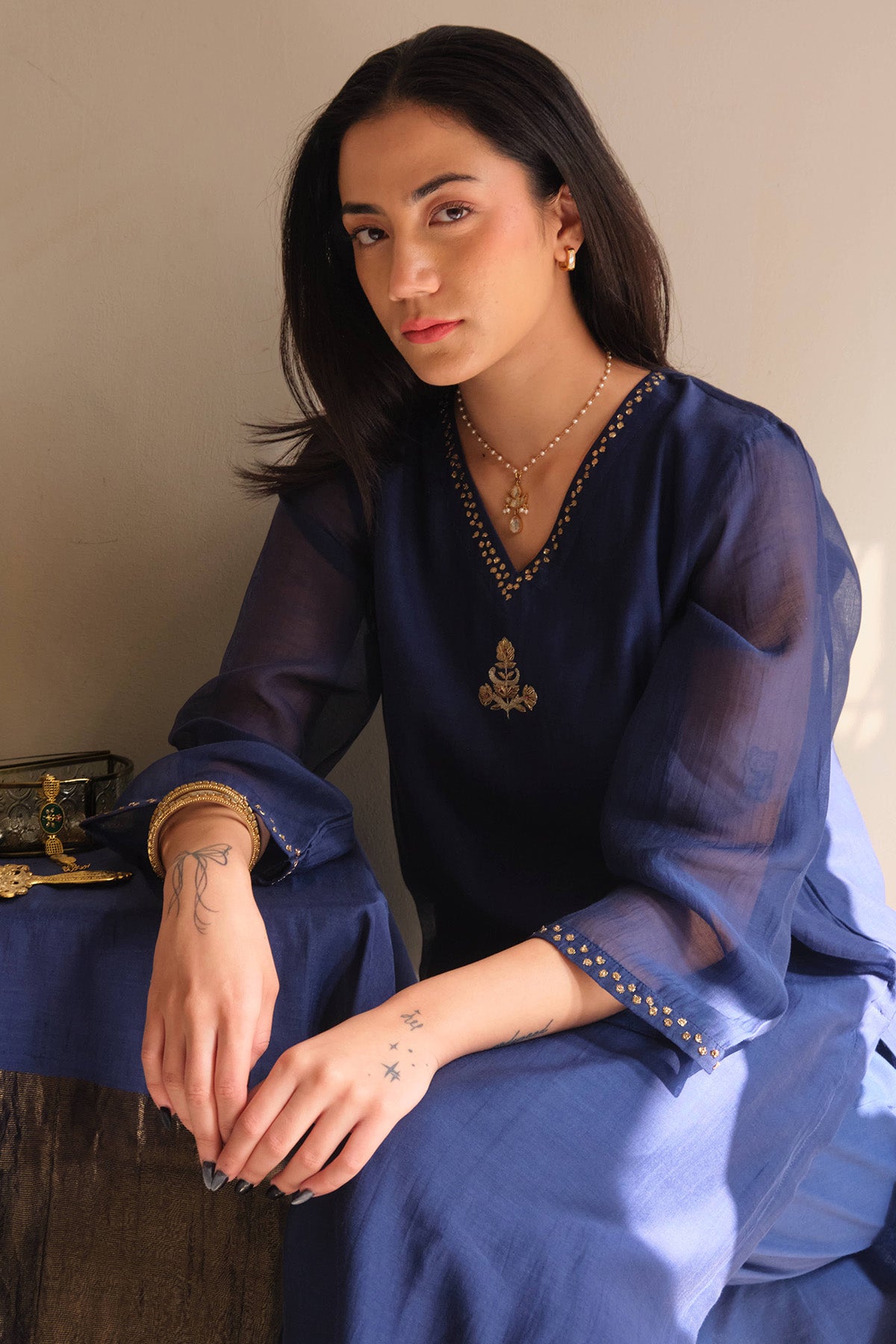 Blue Zari & Dabka Kurta & Pants