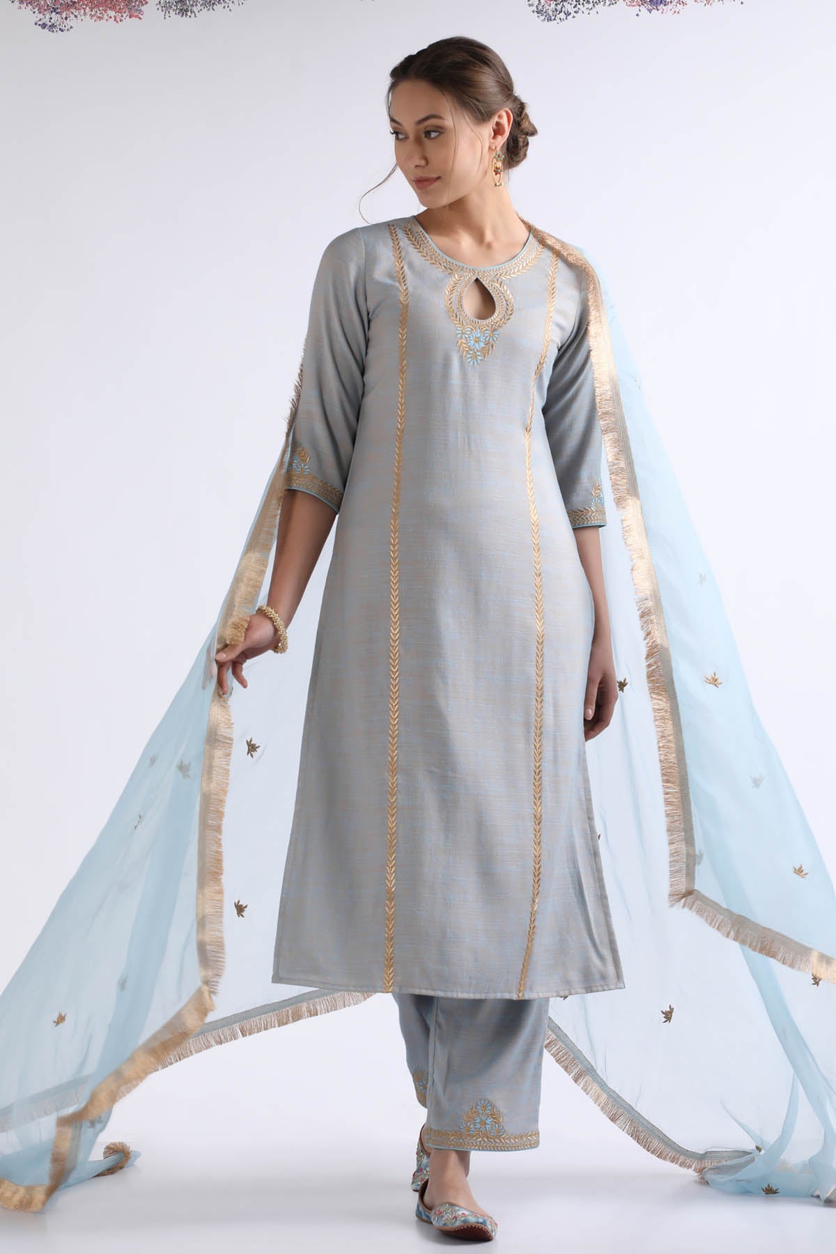 Blue Resham Straight Kurta Set