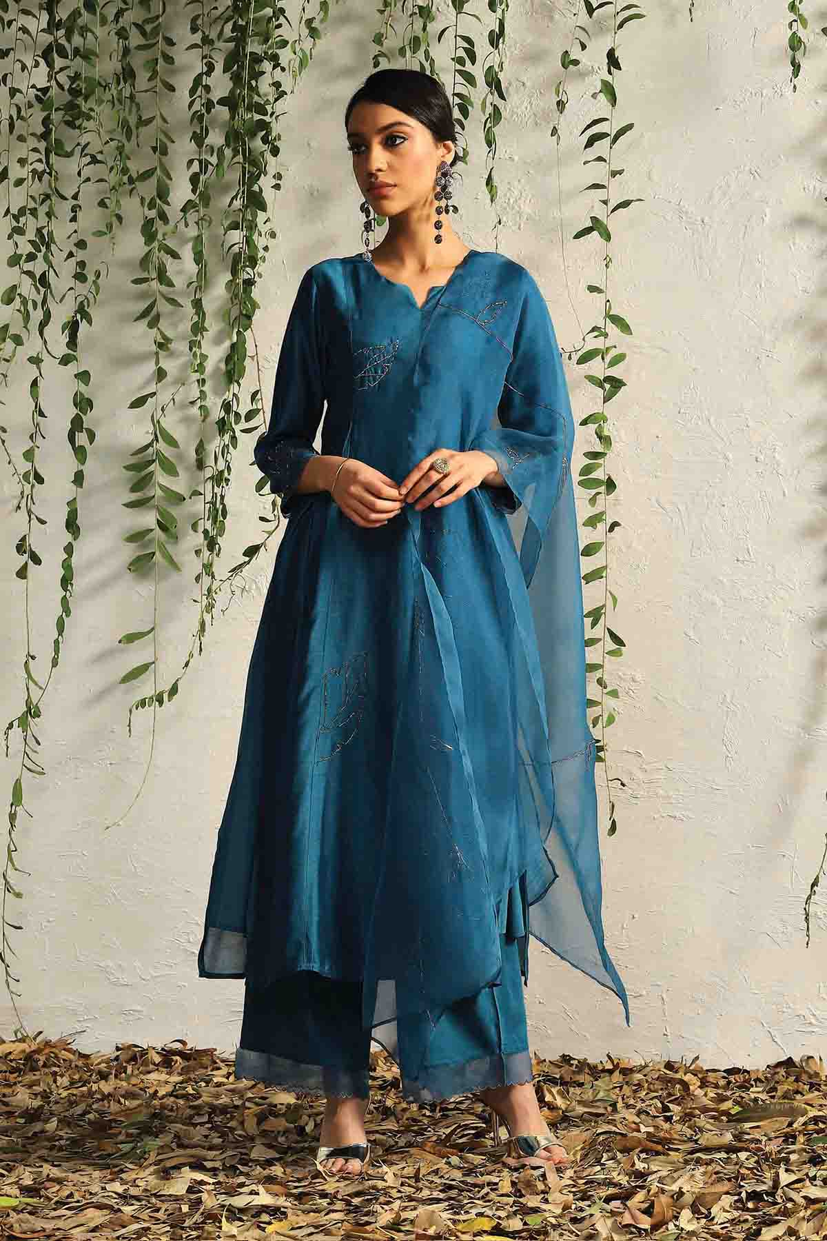 Buy Blue Zari Gathered Kurta Set Online