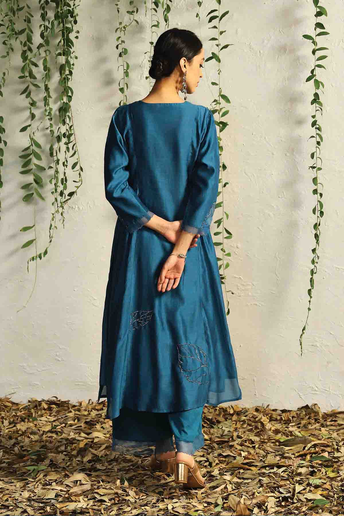 Blue Zari Gathered Kurta Set