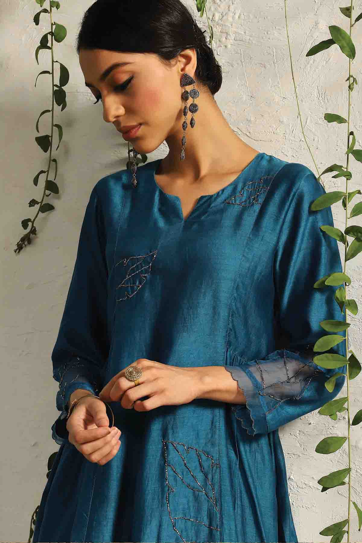 Blue Zari Gathered Kurta Set