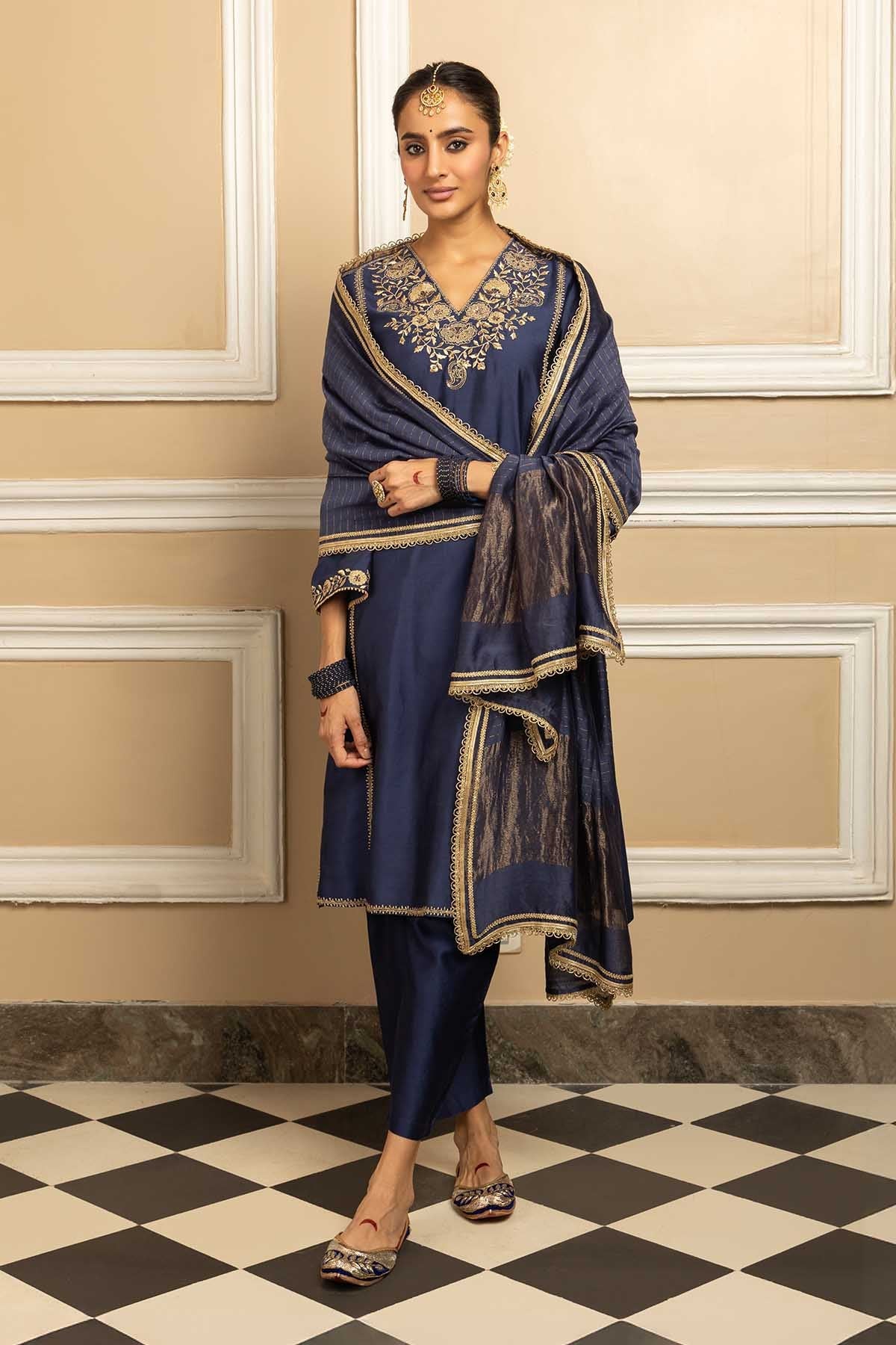 Buy Blue Zari Straight Kurta Set by Dohr India for women online at ScrollnShops