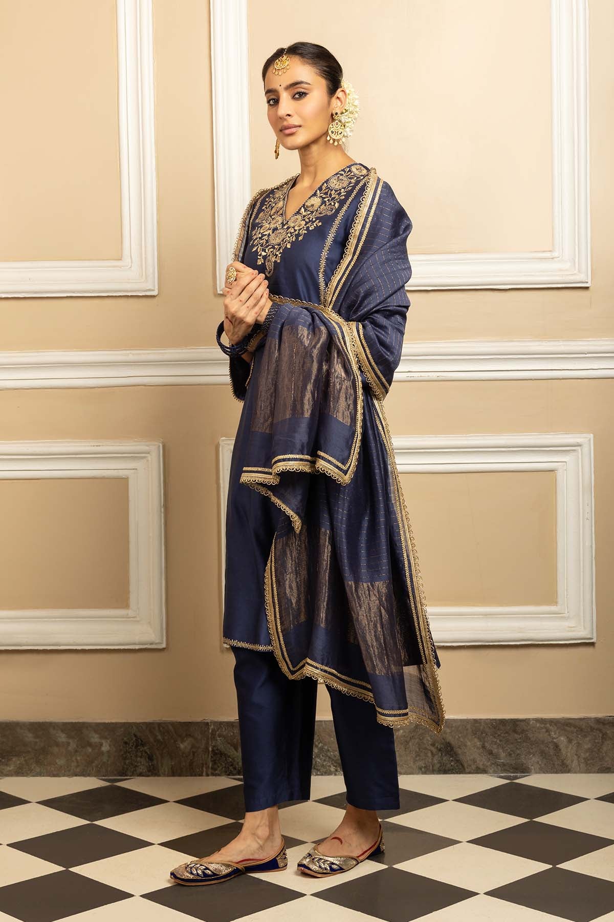 Blue Zari Straight Kurta Set