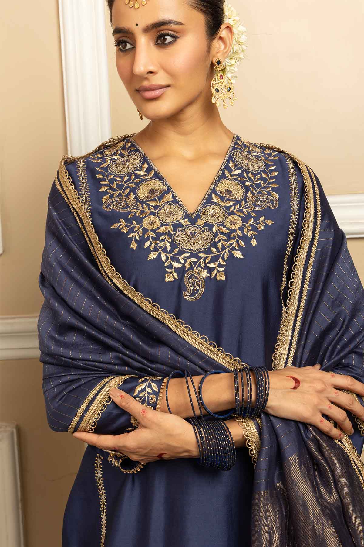 Blue Zari Straight Kurta Set