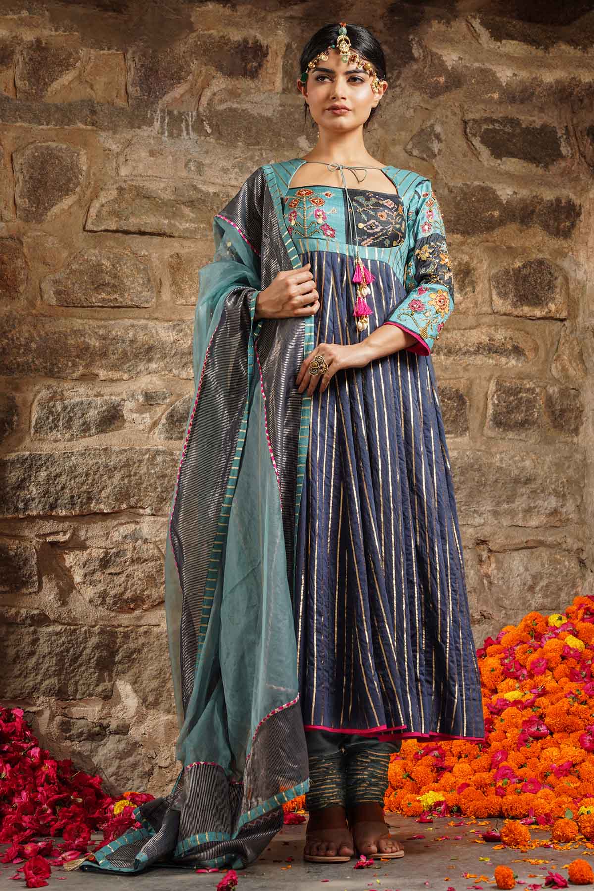 Seharre Blue Zari Stripes Anarkali Set for women online at ScrollnShops