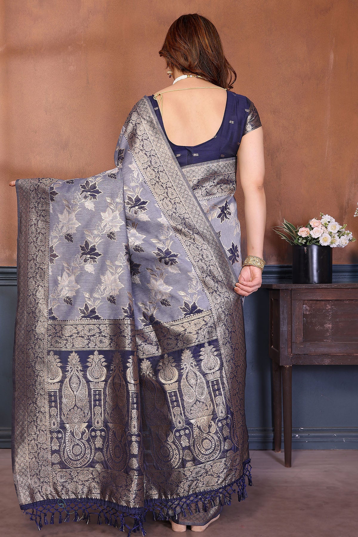 Blue Zari Weaving Tassel Saree