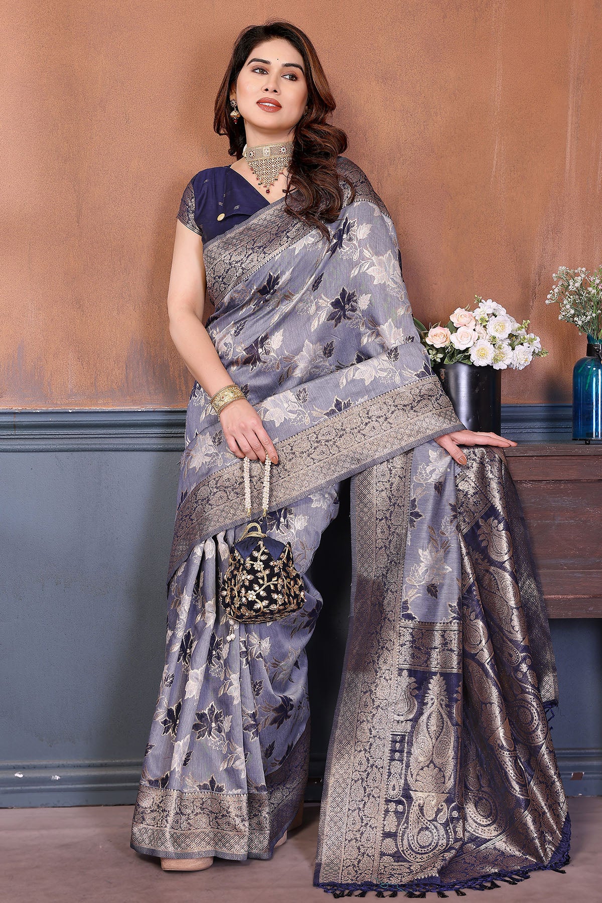 Blue Zari Weaving Tassel Saree