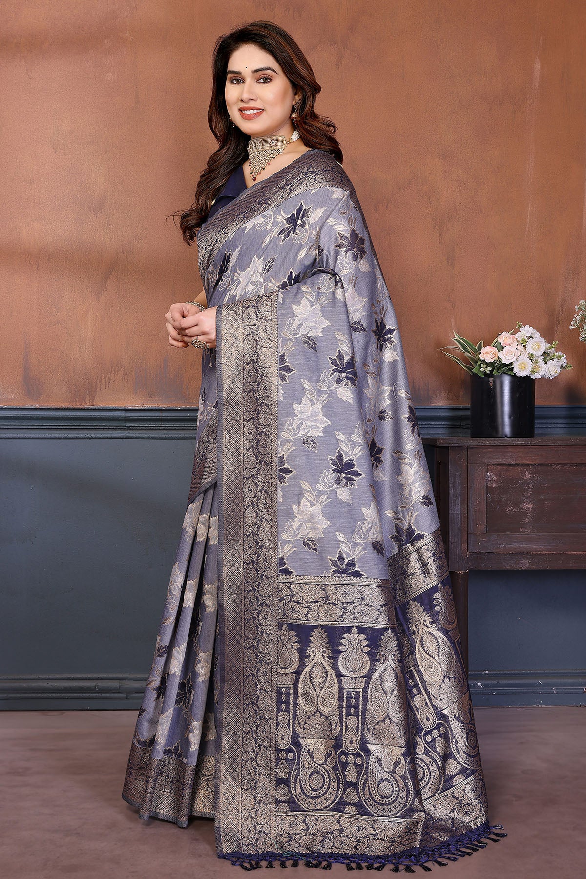 Blue Zari Weaving Tassel Saree