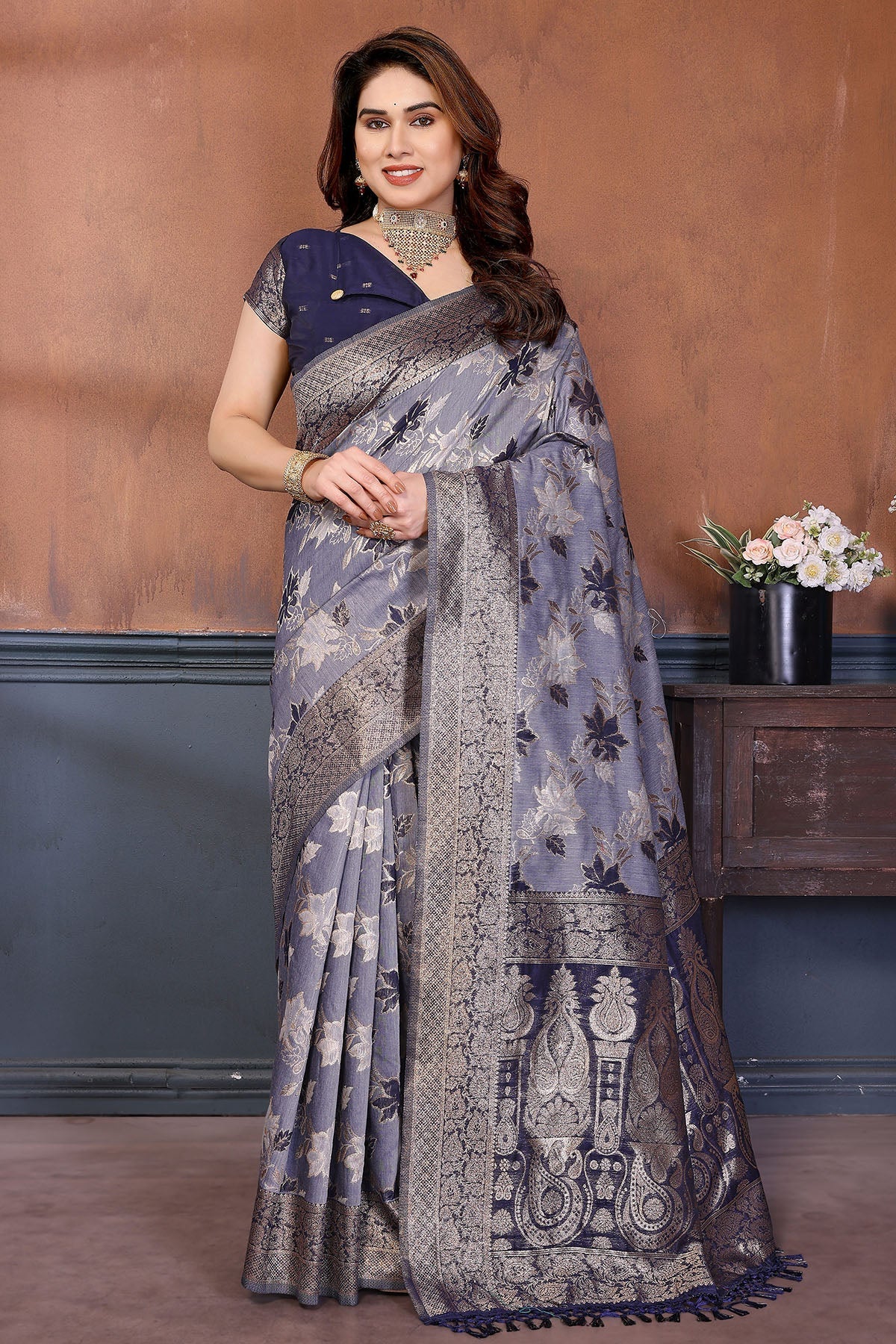 Buy Blue Zari Weaving Tassel Saree for women by Aastha Fashion online available at scrollnshops