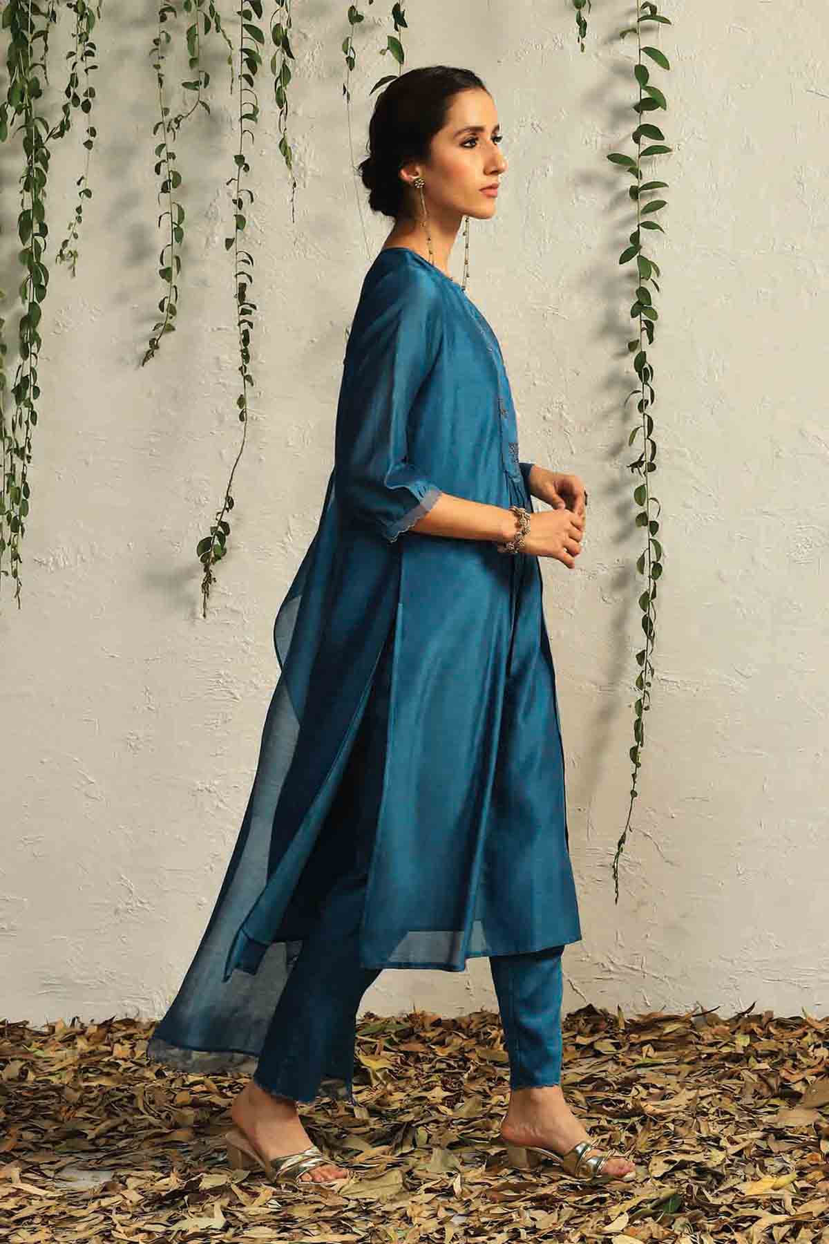 Blue Zari Work Flowy Kurta Set