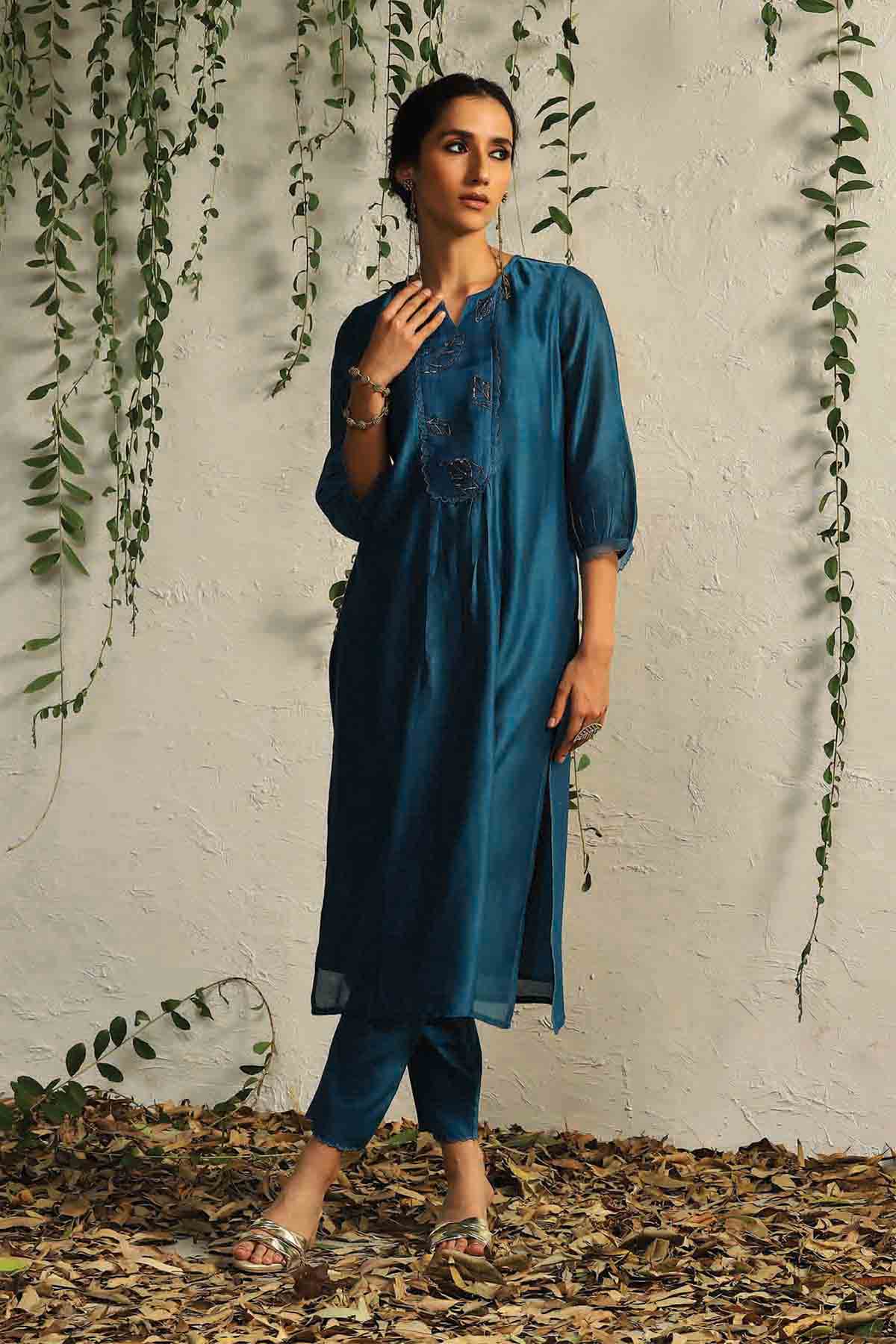 Blue Zari Work Flowy Kurta Set