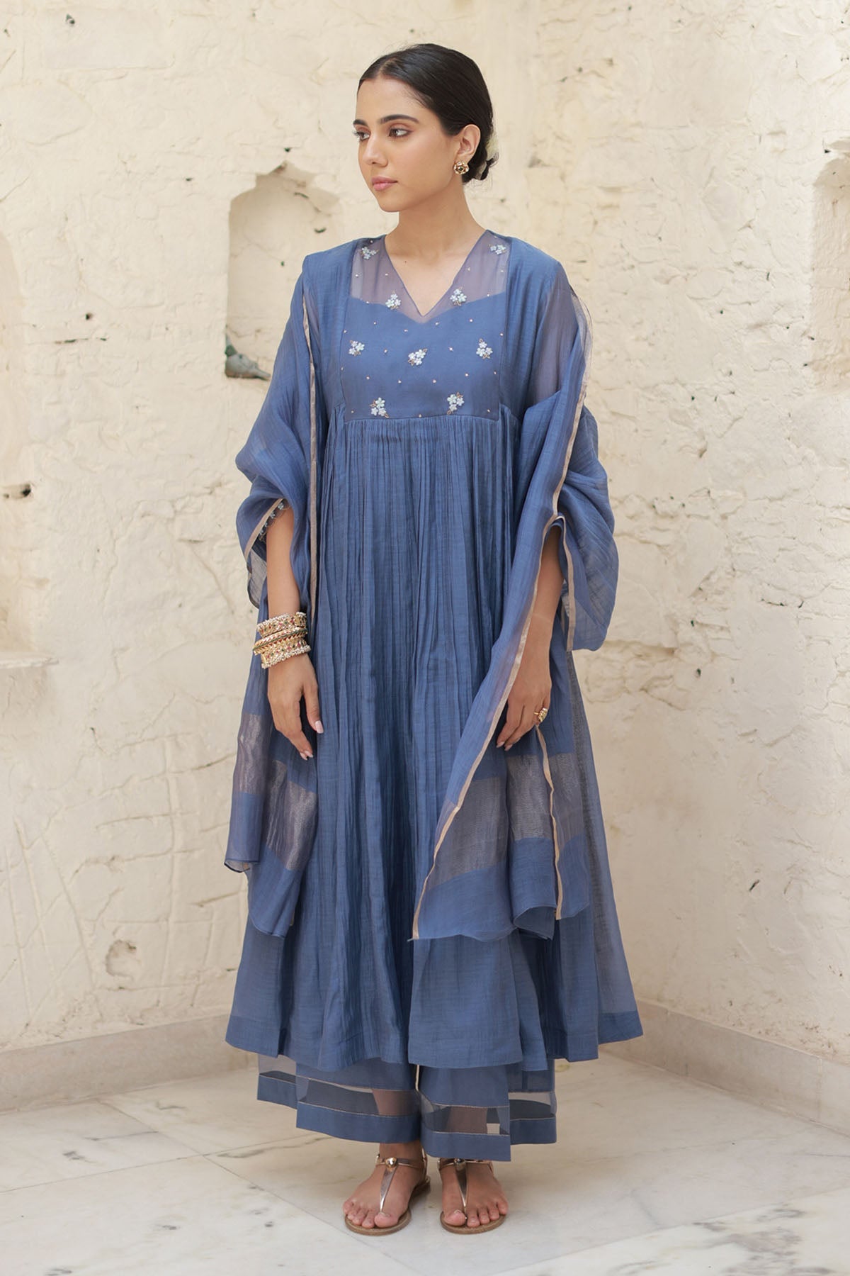 Buy Blue Zari Work Yoke Kurta Set by Silpaa for women online at ScrollnShops