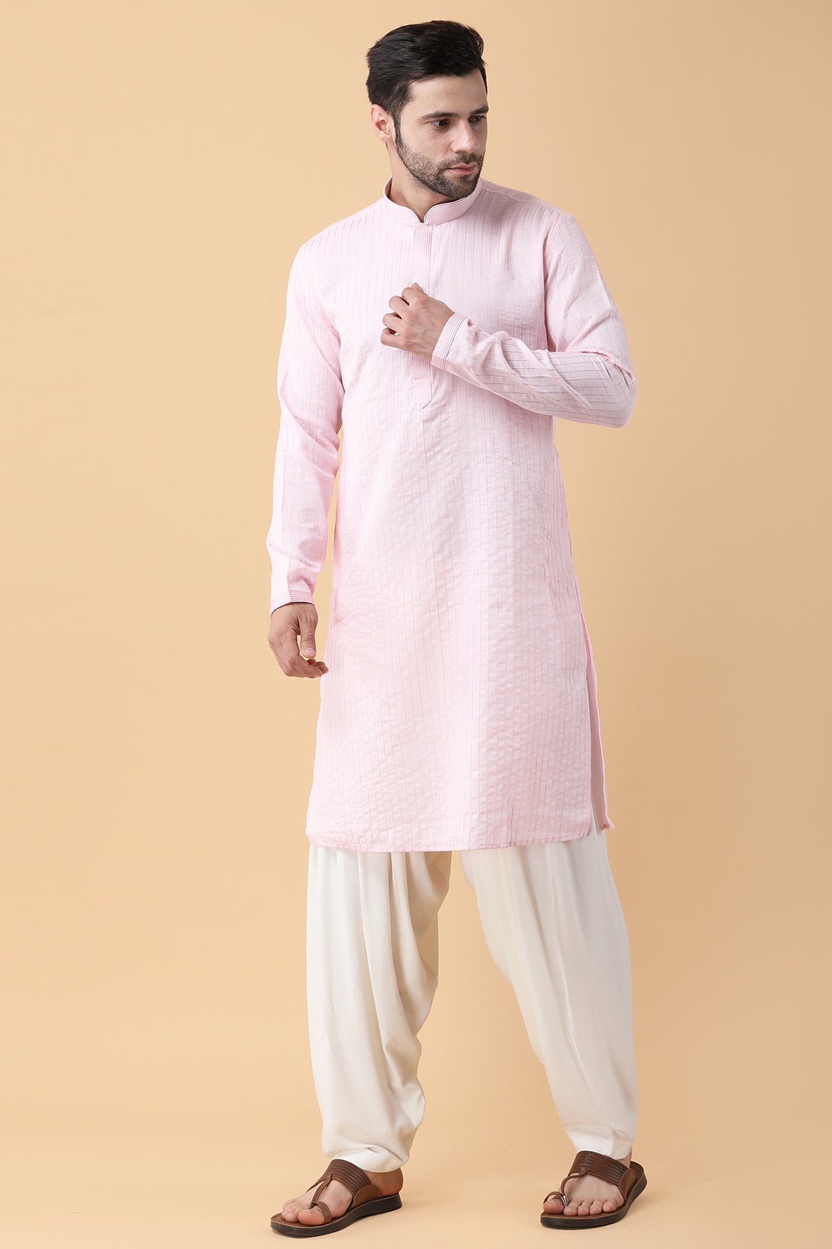 Buy Blush Pink Dori Work Kurta Set by Manish Nagdeo for Men online at ScrollnShops