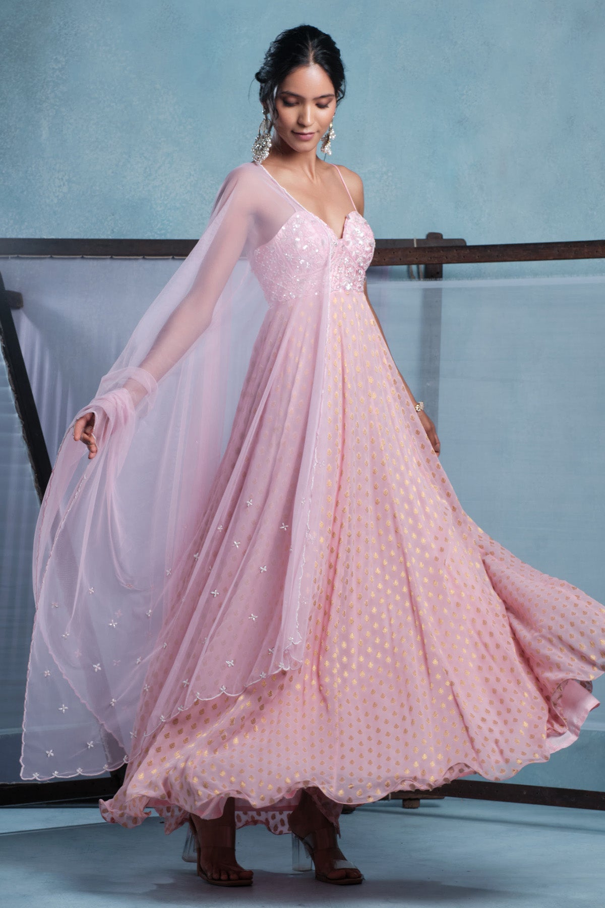 Buy Blush Pink Flared Anarkali Set for women online available at Scrollnshops 