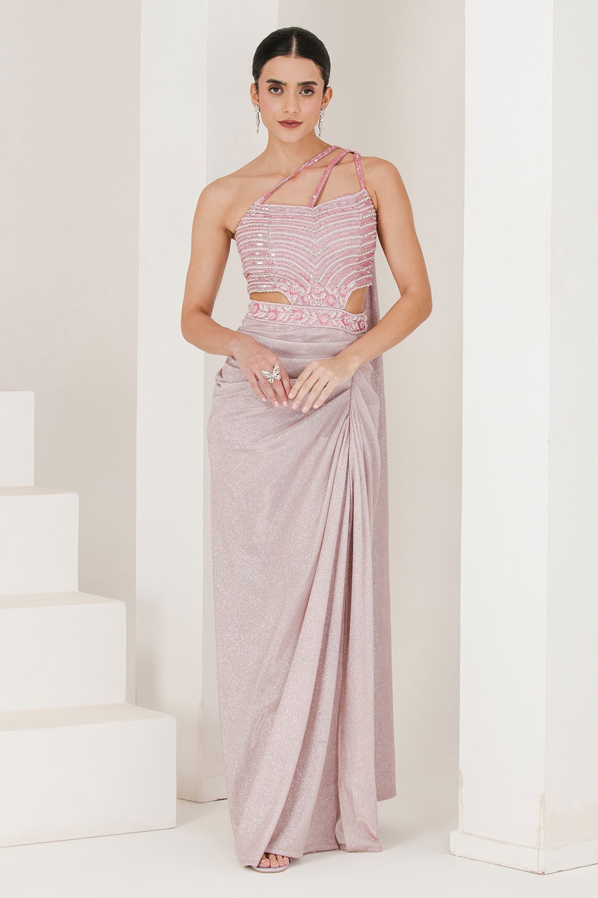 Buy Blush Pink Shimmer Saree Gown by The Maive for women online at ScrollnShops