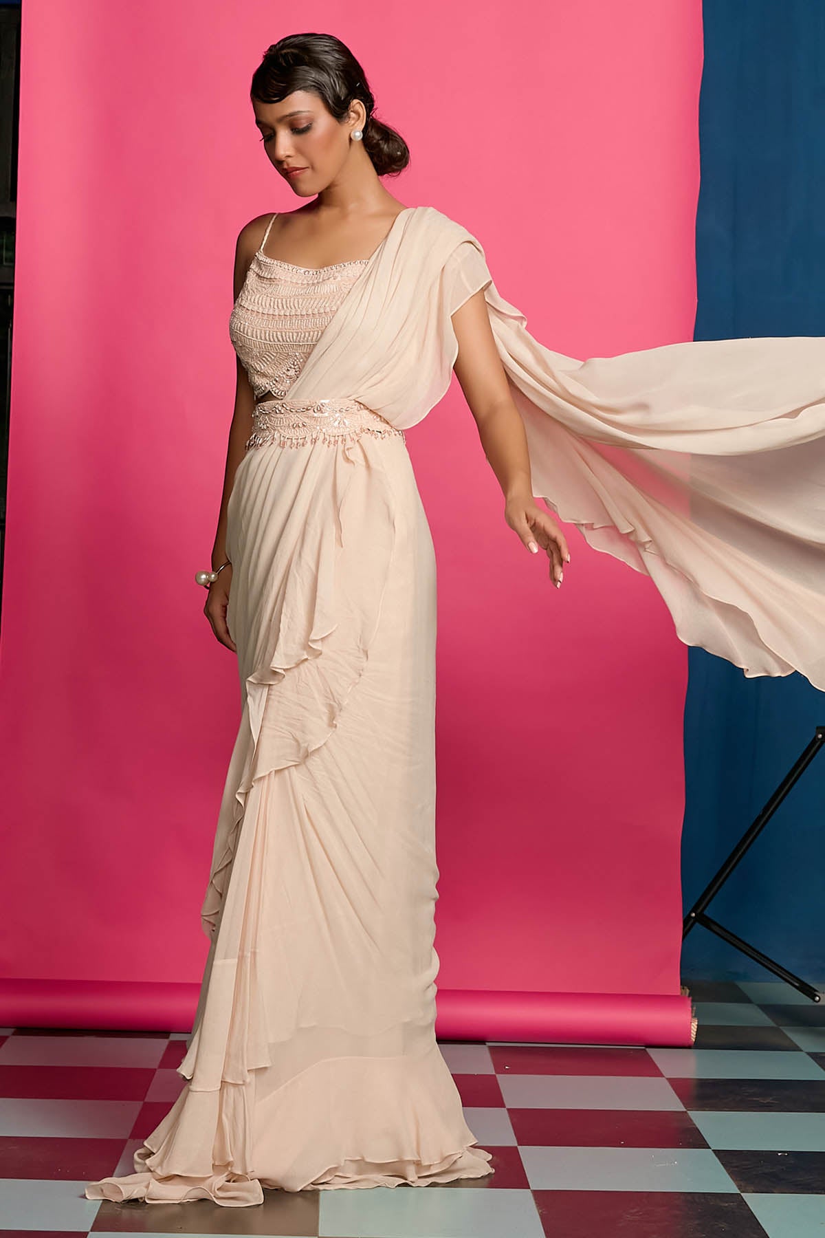 Blush Ruffle Pre-Draped Saree