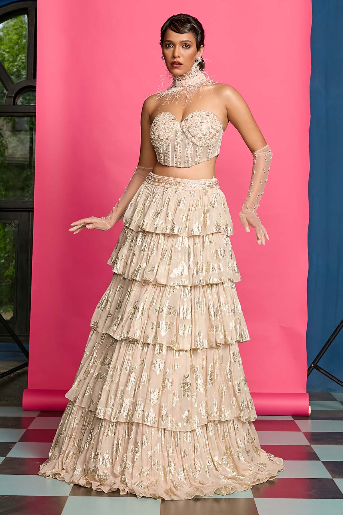 Blush Tiered Lehenga Set & Veil