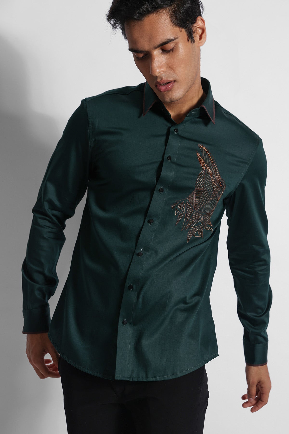 Buy Bottle Green Cotton Eagle Shirt for men by Paarsh Atelier online available at scrollnshops