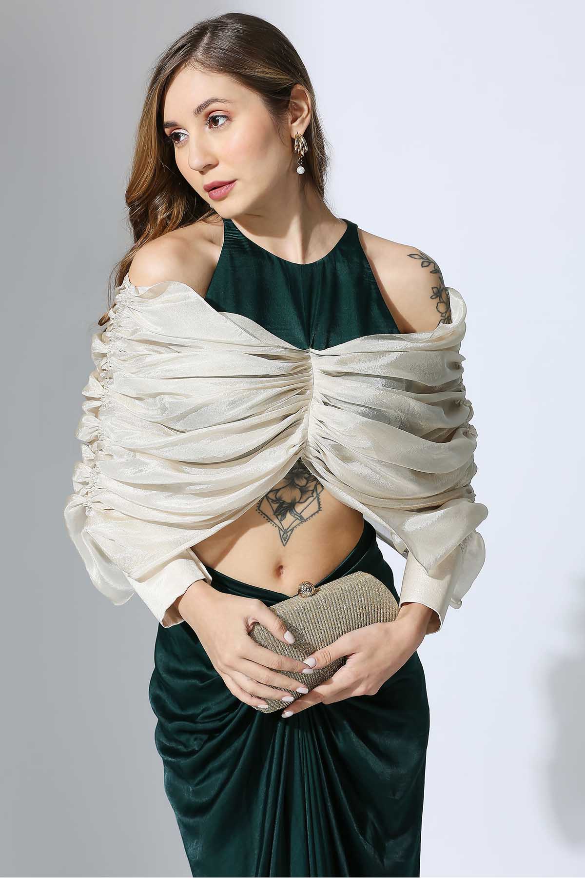 Bottle Green Drape Top & Skirt