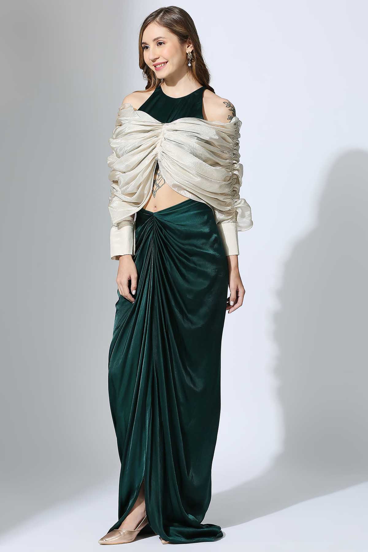 Bottle Green Drape Top & Skirt