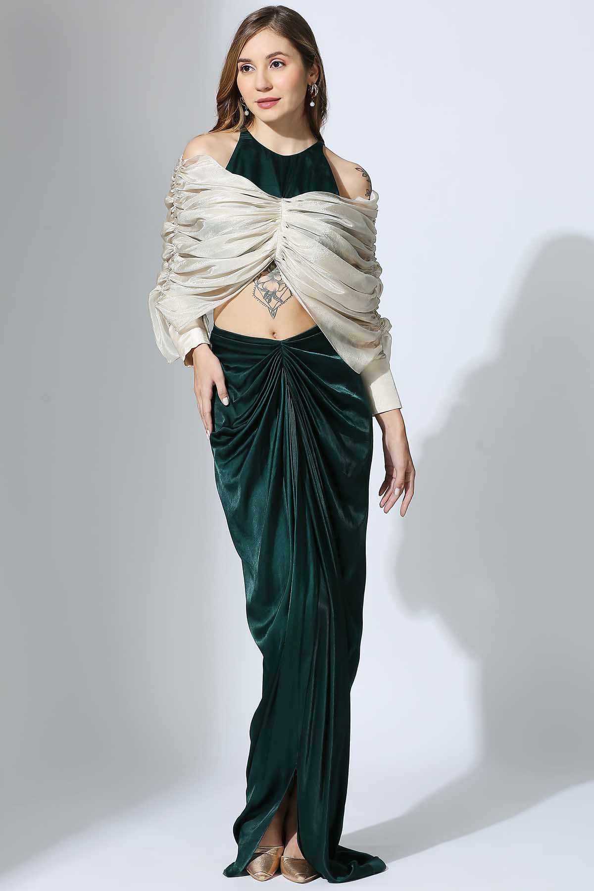 Buy Bottle Green Drape Top & Skirt by Masumi Mewawalla for women online at ScrollnShops