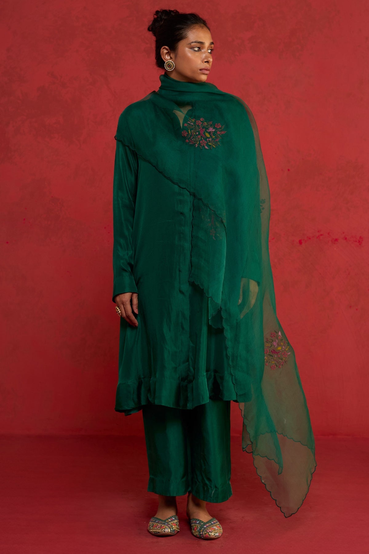 Buy Bottle Green Silk Kurta & Pants for women by Rhua online available at scrollnshops