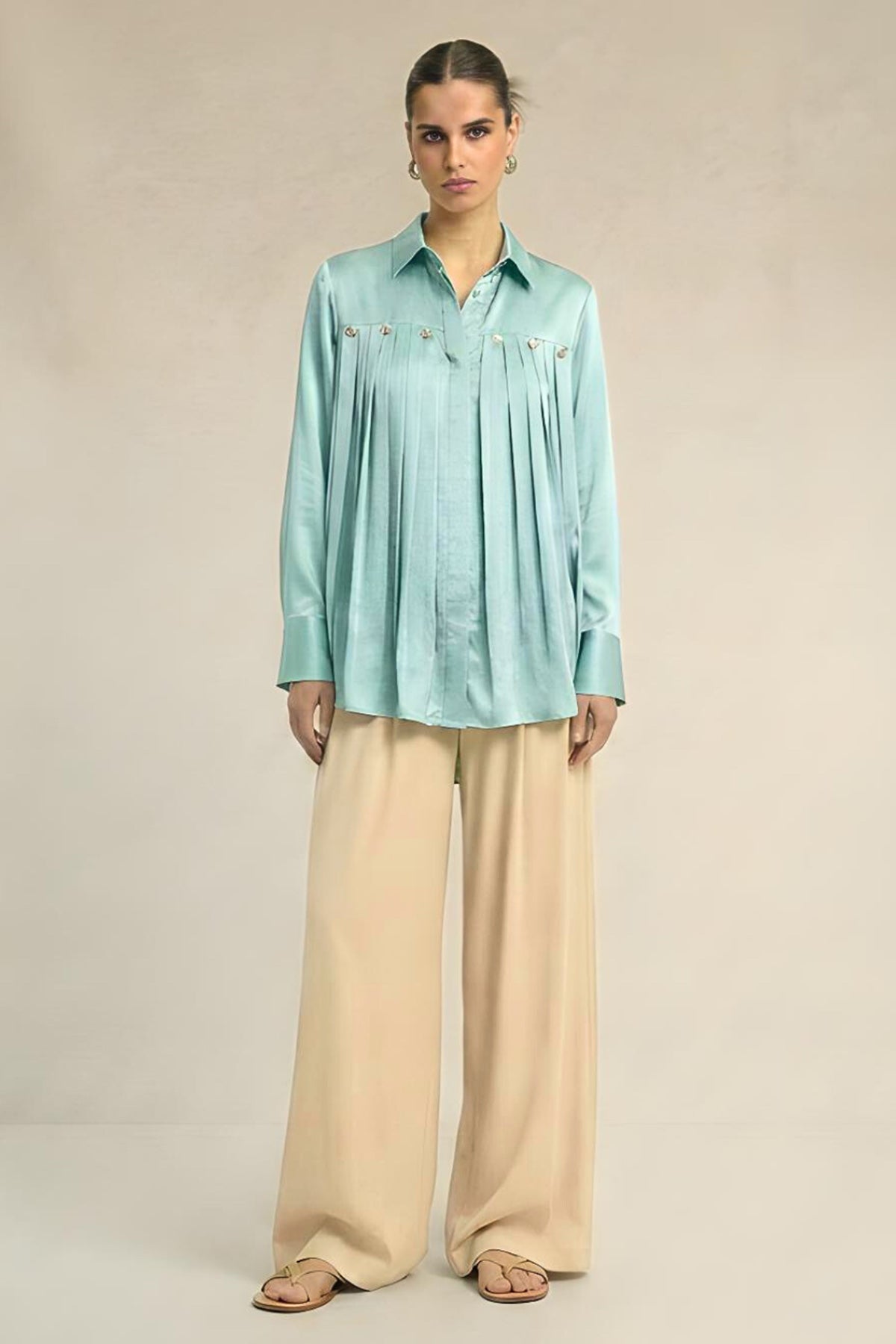 Buy Breeze Blue Silk Pleated Shirt for women by Neora online available at scrollnshops