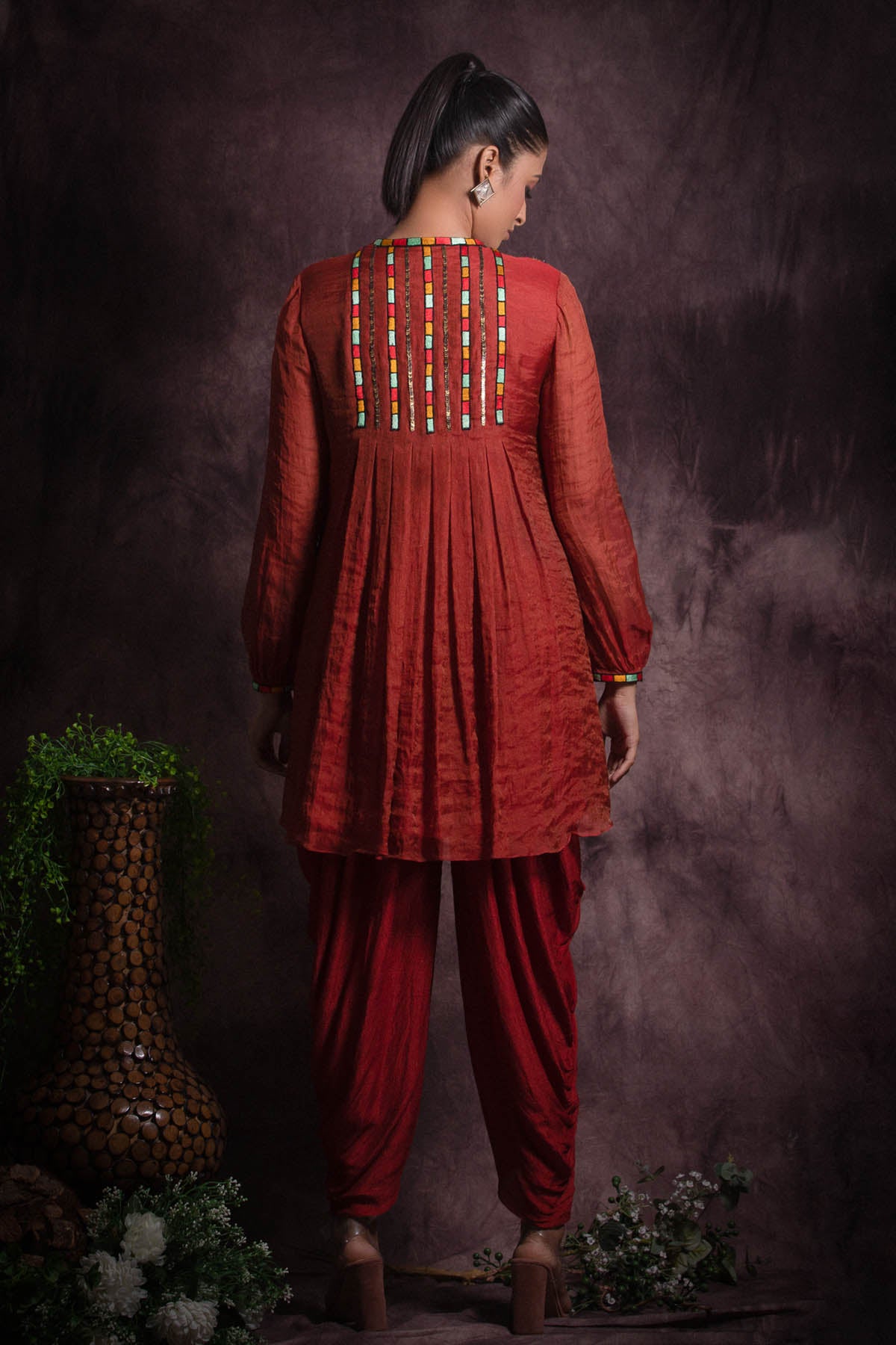 Brick Red Flared Kurta & Dhoti