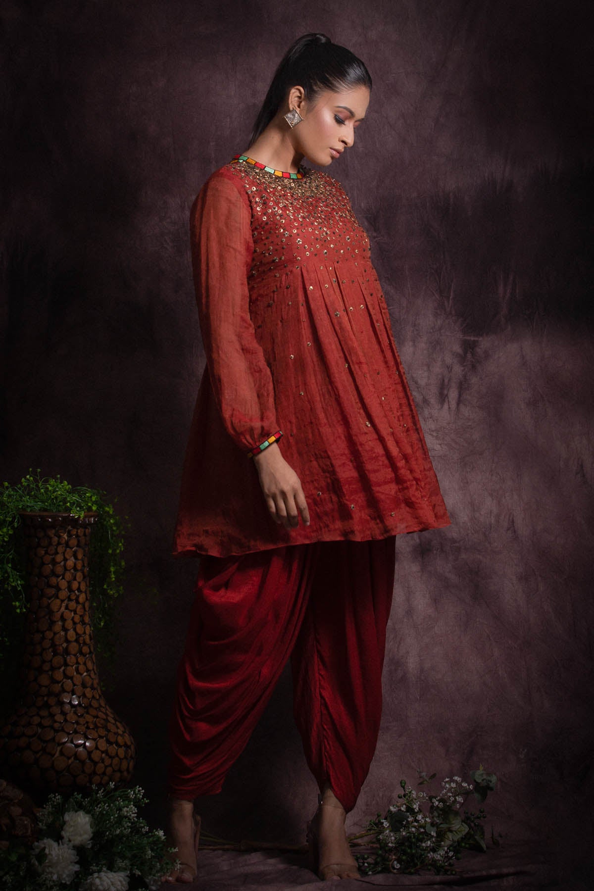 Brick Red Flared Kurta & Dhoti