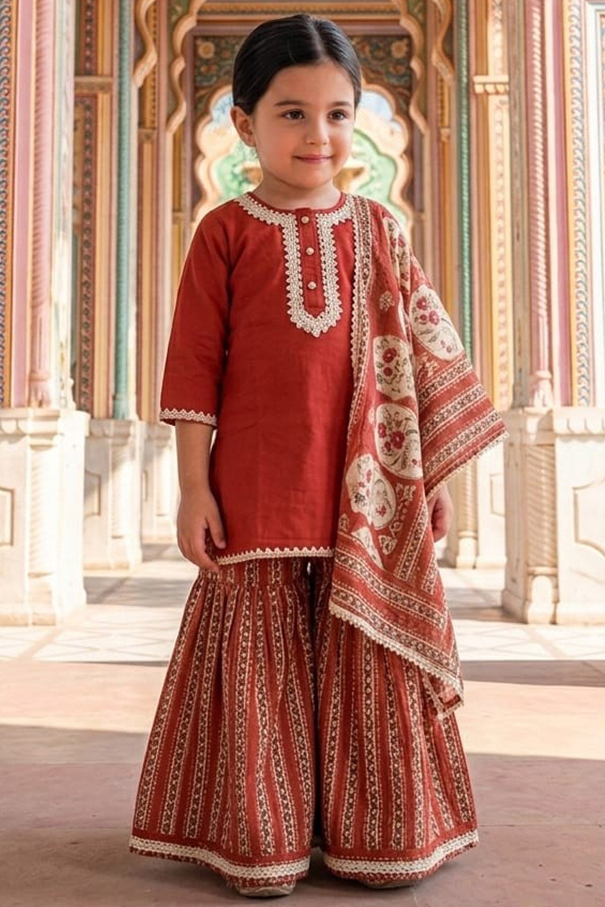 Buy Brick Orange Print Sharara Set for Kid by ViYa online available at scrollnshops