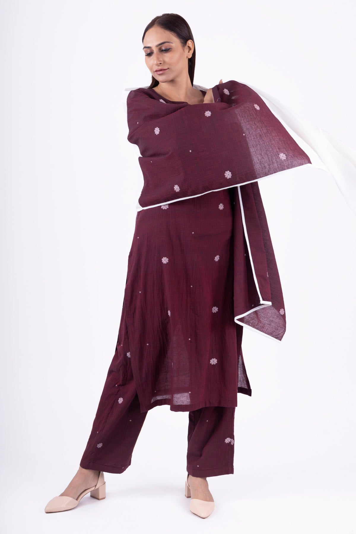 Buy Designer Brick Red Handwoven Kurta Set Online