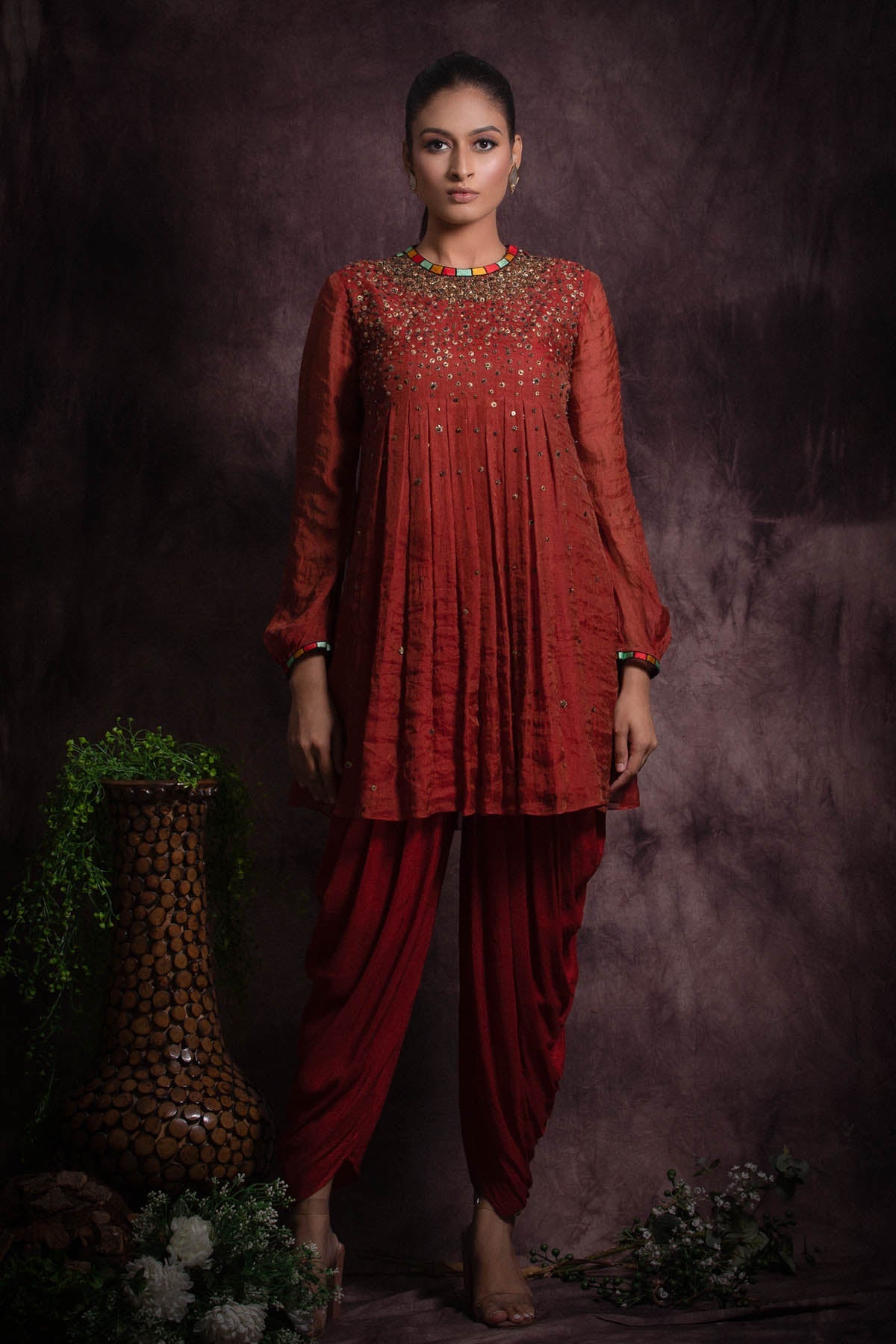 Brick Red Silk Kurta Set at ScrollnShops