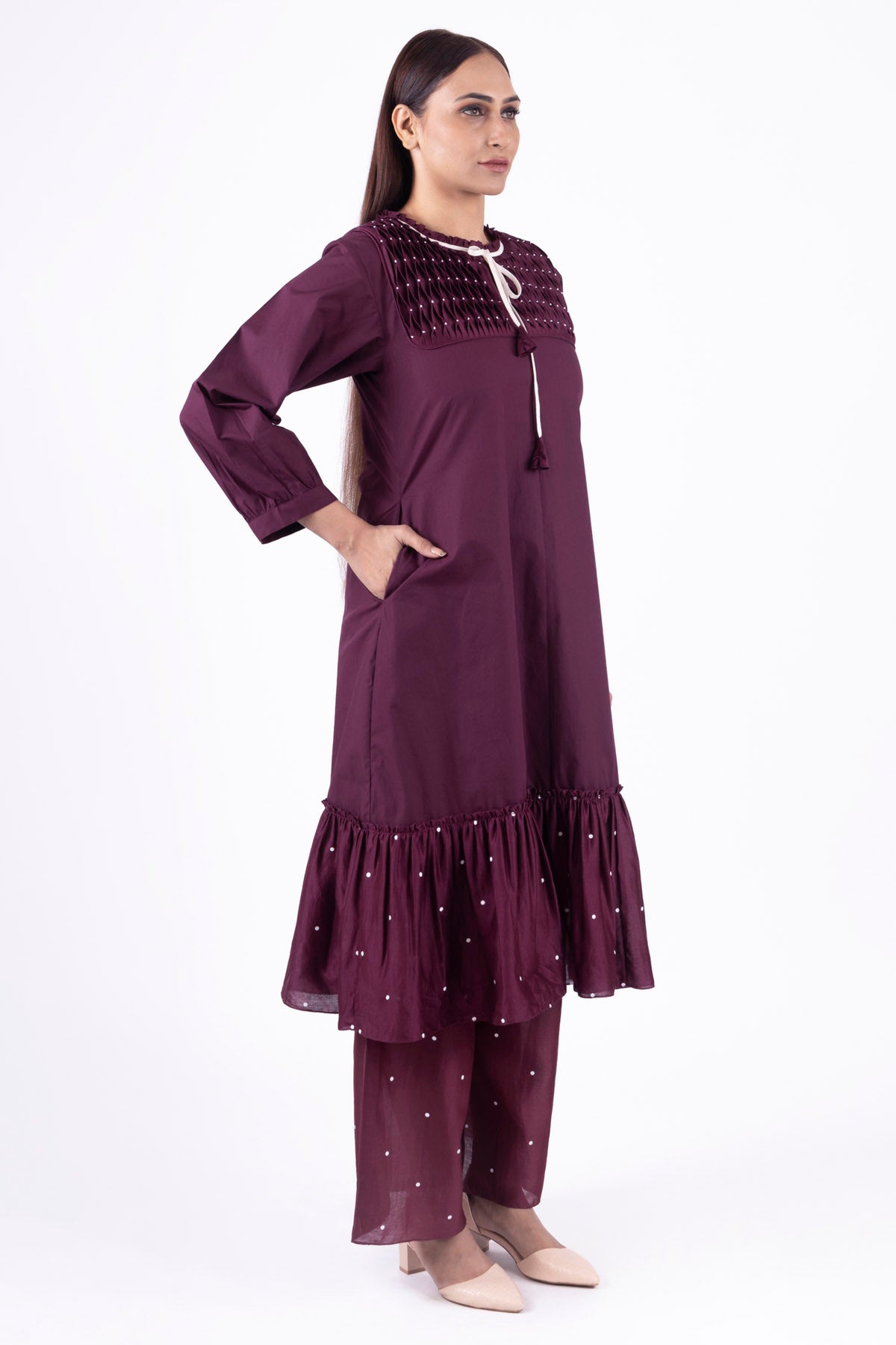 Brick Red Smocked Kurta Set