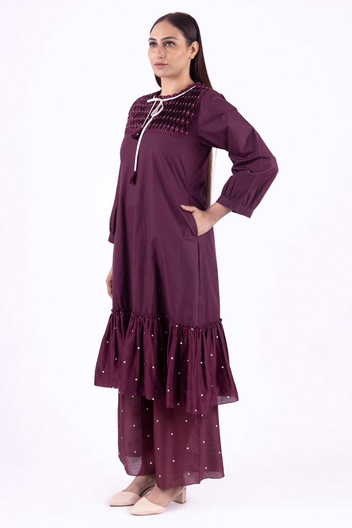 Brick Red Smocked Kurta Set