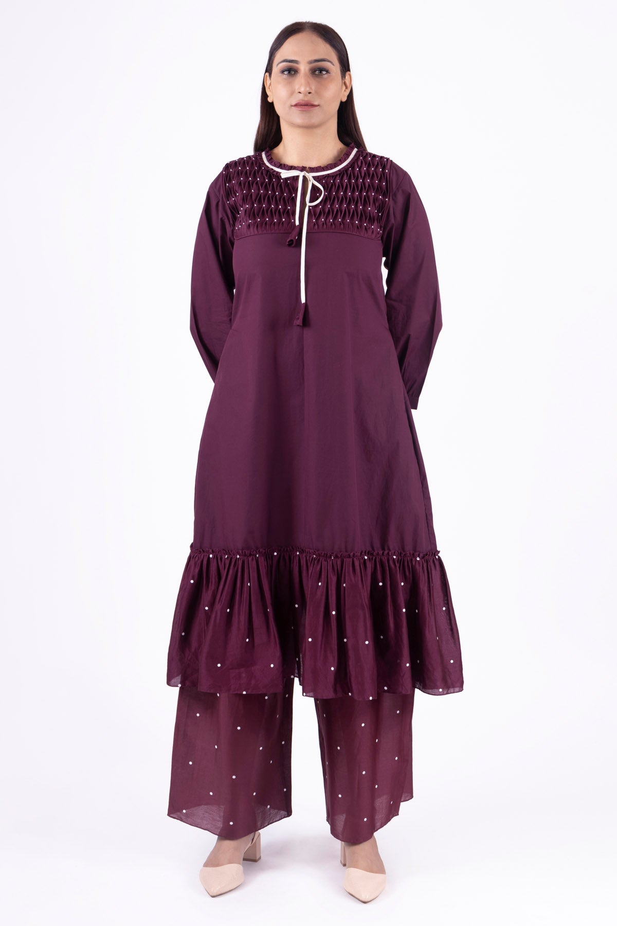 Buy Designer Brick Red Smocked Kurta Set Online