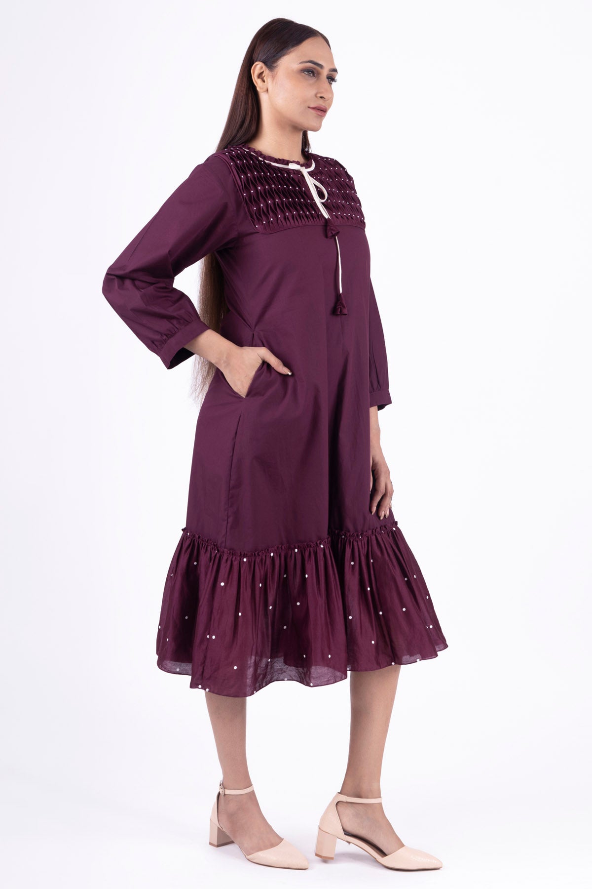 Brick Red Smocked Neck Dress