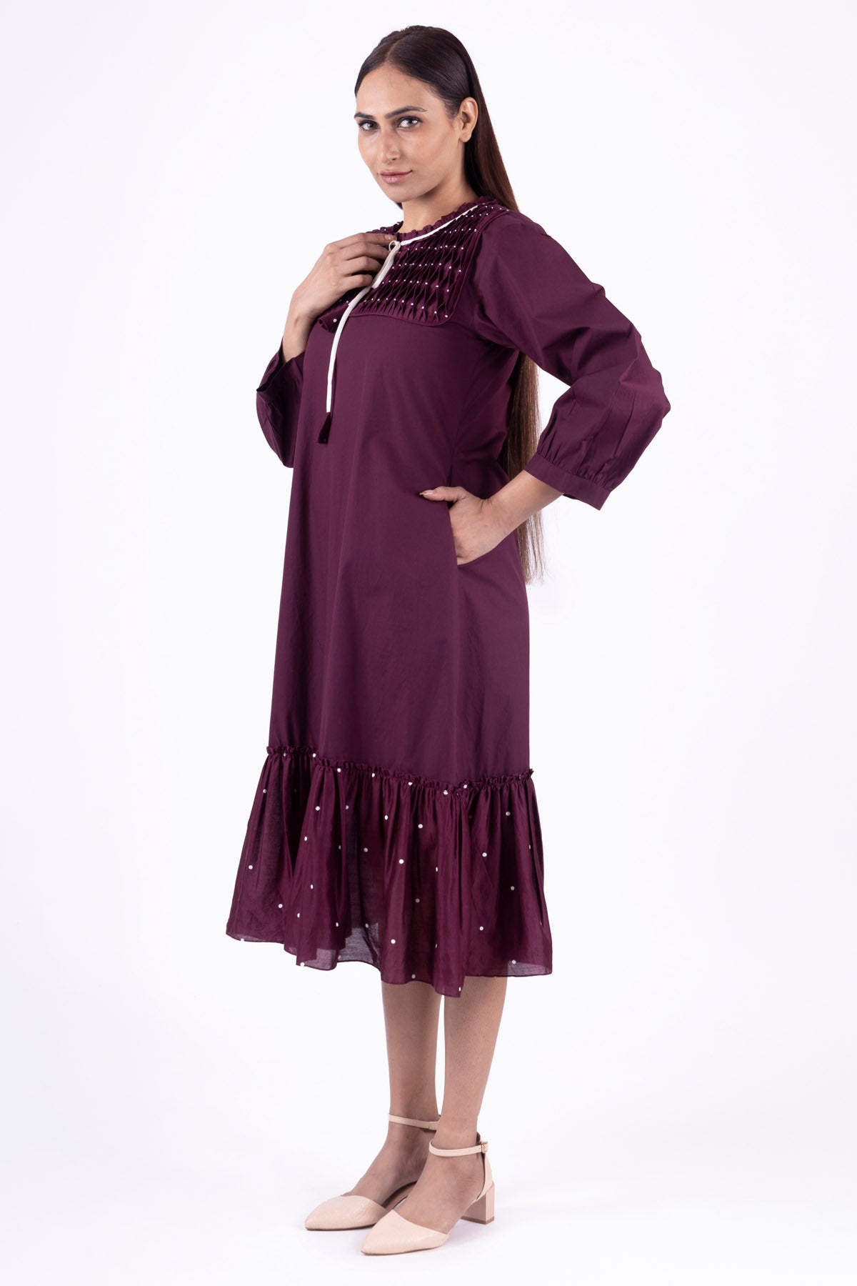 Brick Red Smocked Neck Dress