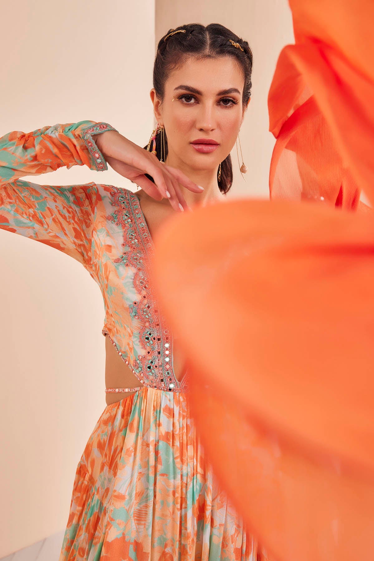 Bright Orange Embroidered Anarkali Set