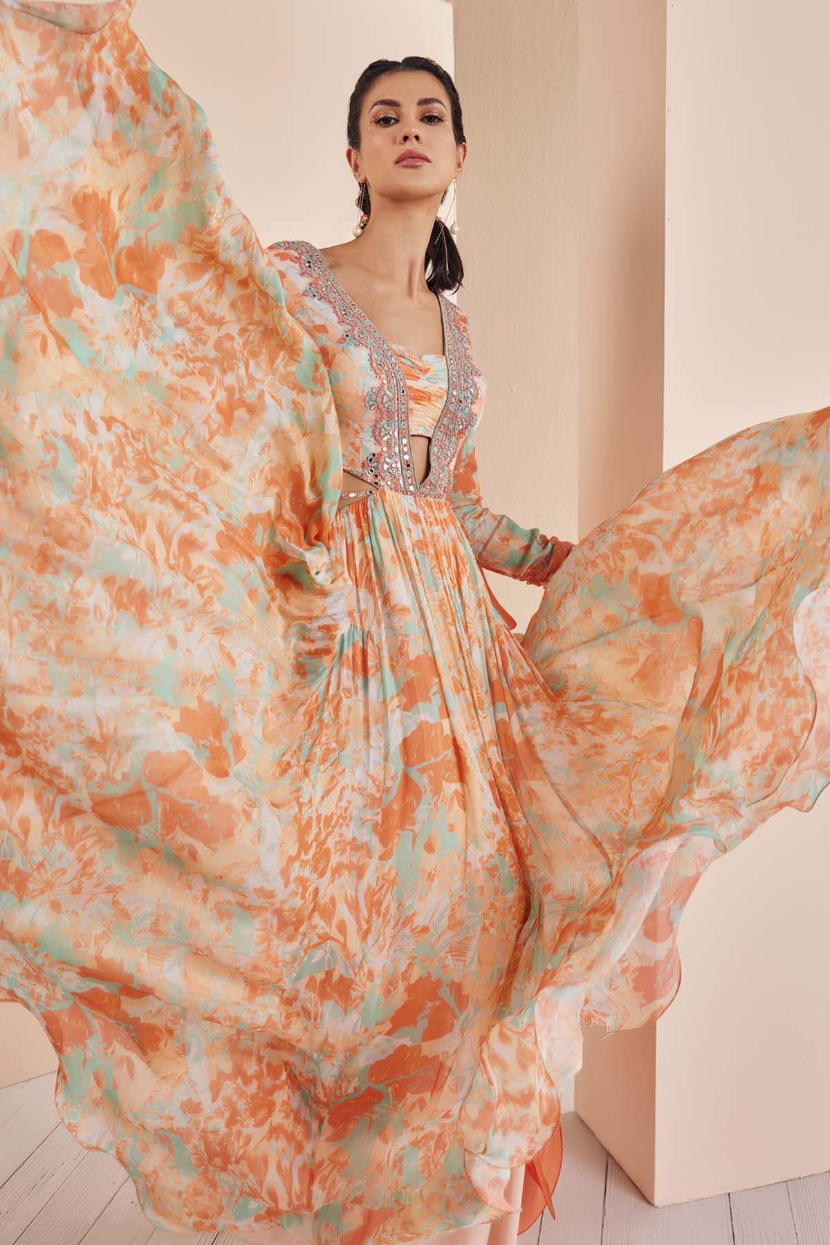 Bright Orange Embroidered Anarkali Set