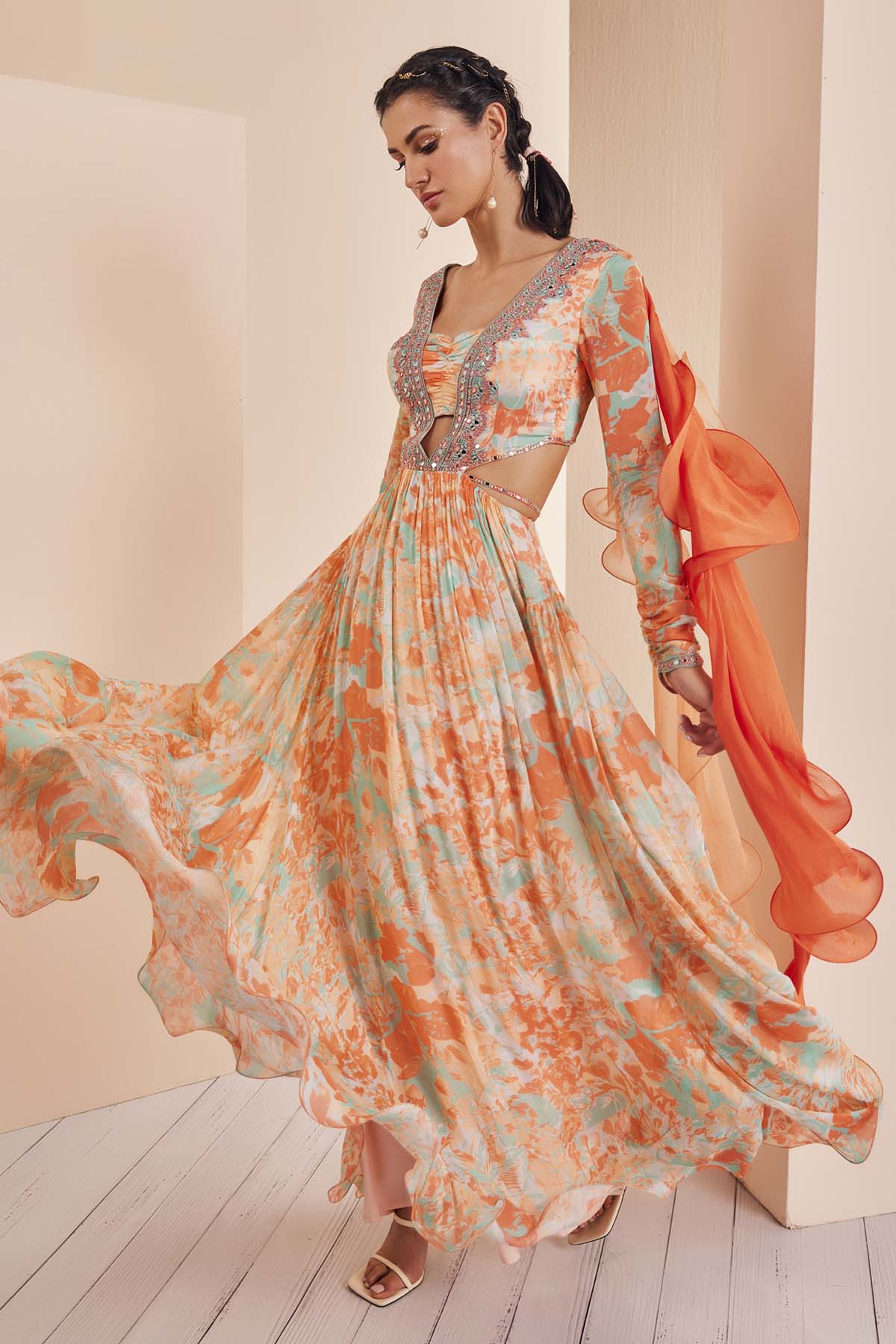 Bright Orange Embroidered Anarkali Set